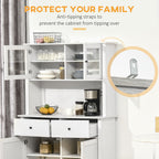 63.5" Kitchen Buffet with Hutch, Pantry Storage Cabinet with 4 Shelves, Drawers, Framed Glass Doors, Open Microwave Countertop, Antique White