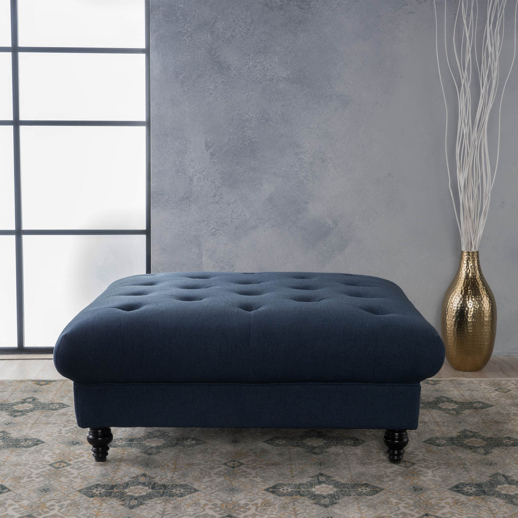 Tufted Ottoman with Upholstered Polyester Blend, Button Tufting, Turned Feet, 40.5" x 40.5" x 16.9", Navy Blue