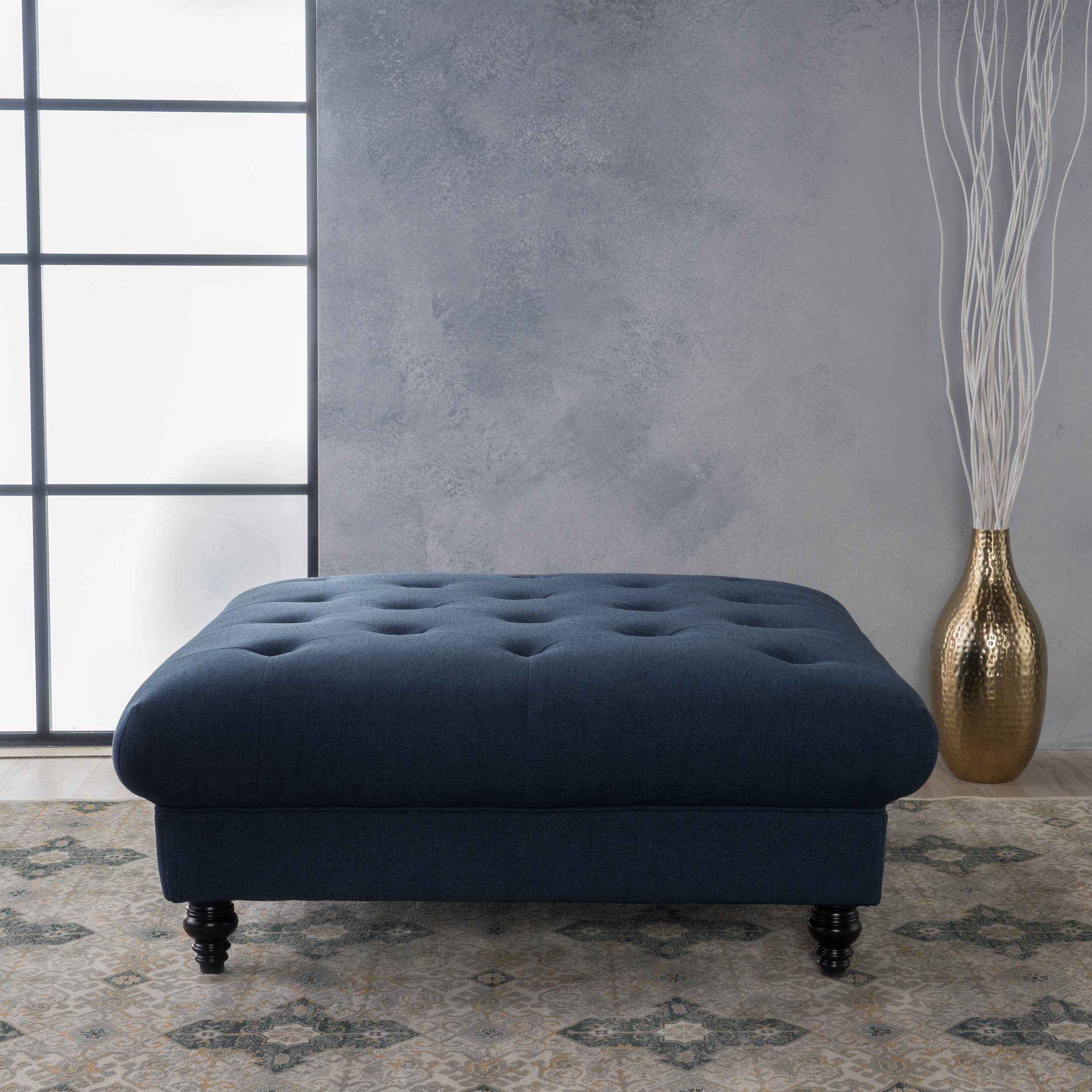 Tufted Ottoman with Upholstered Polyester Blend, Button Tufting, Turned Feet, 40.5" x 40.5" x 16.9", Navy Blue
