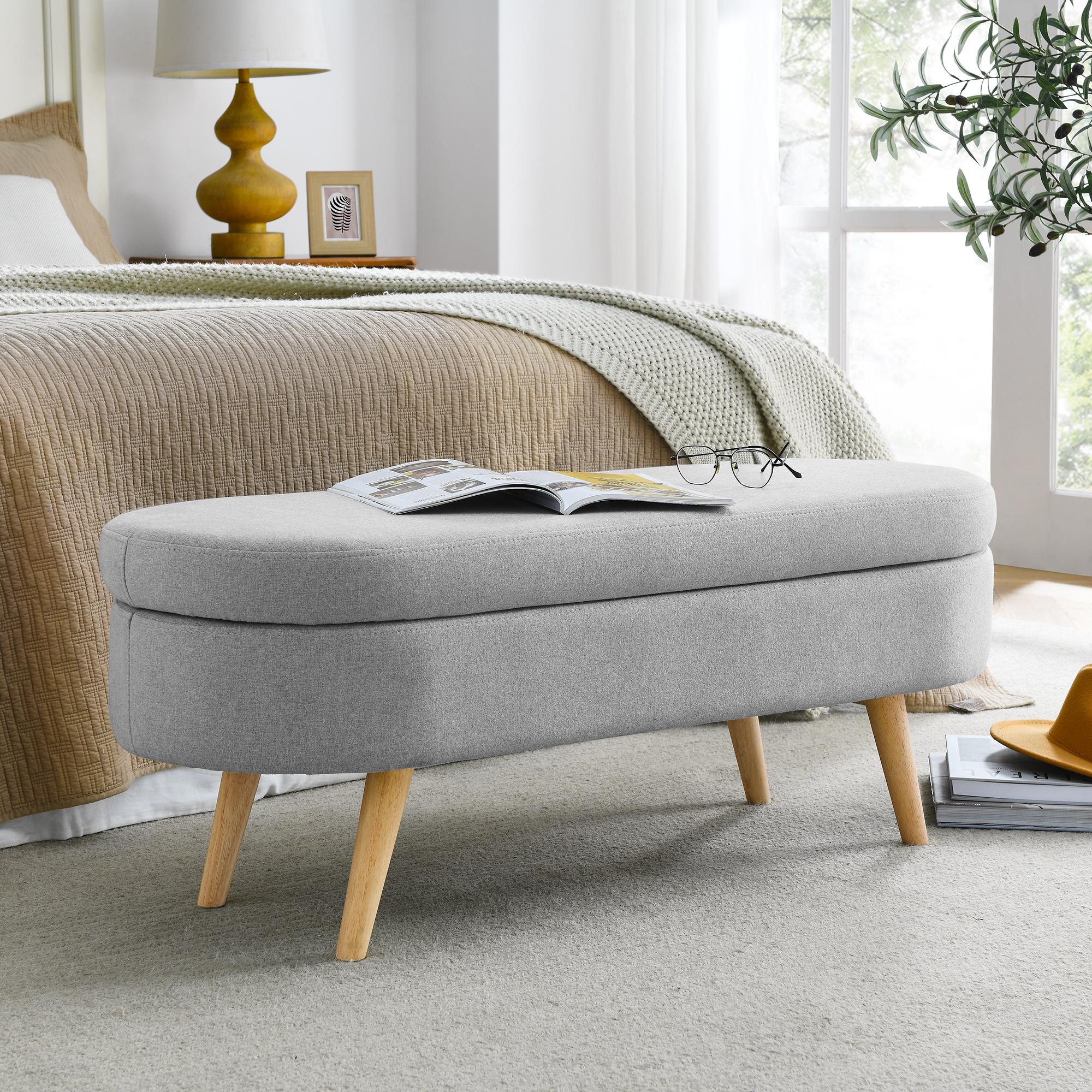 Oval Storage Ottoman Bench with Linen-Upholstered Pleated Fabric, Multiuse Footstool and Seat for Living Room, 43.5" L x 16" W x 16" H, Grey