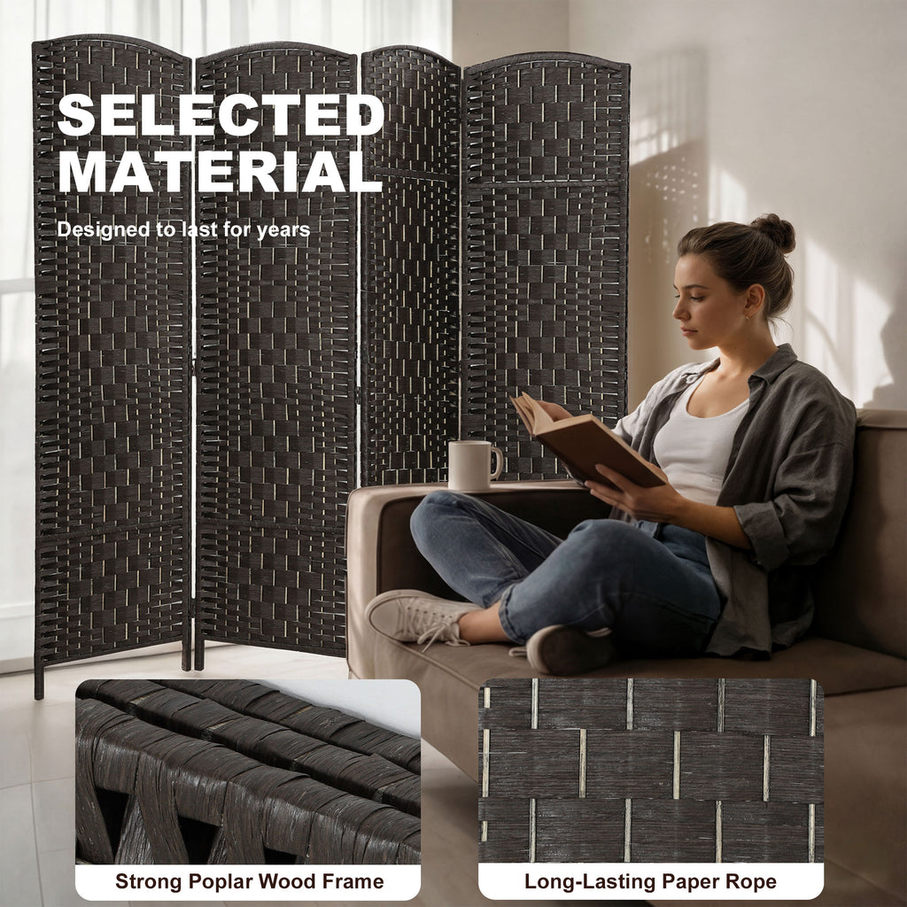 Room Divider, 4 Panel Folding Privacy Screen, 70.9" Tall Portable Weave Partition Wall Divider for Bedroom, Coffee