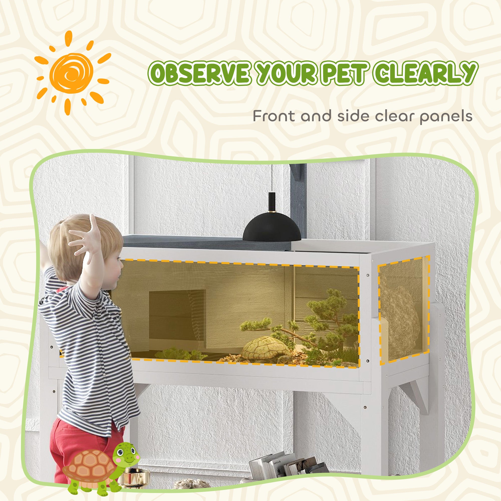Wooden Tortoise Habitat with Storage Shelf, Tortoise Enclosure with Clear Windows, Openable Top, Lamp Holder, Gray