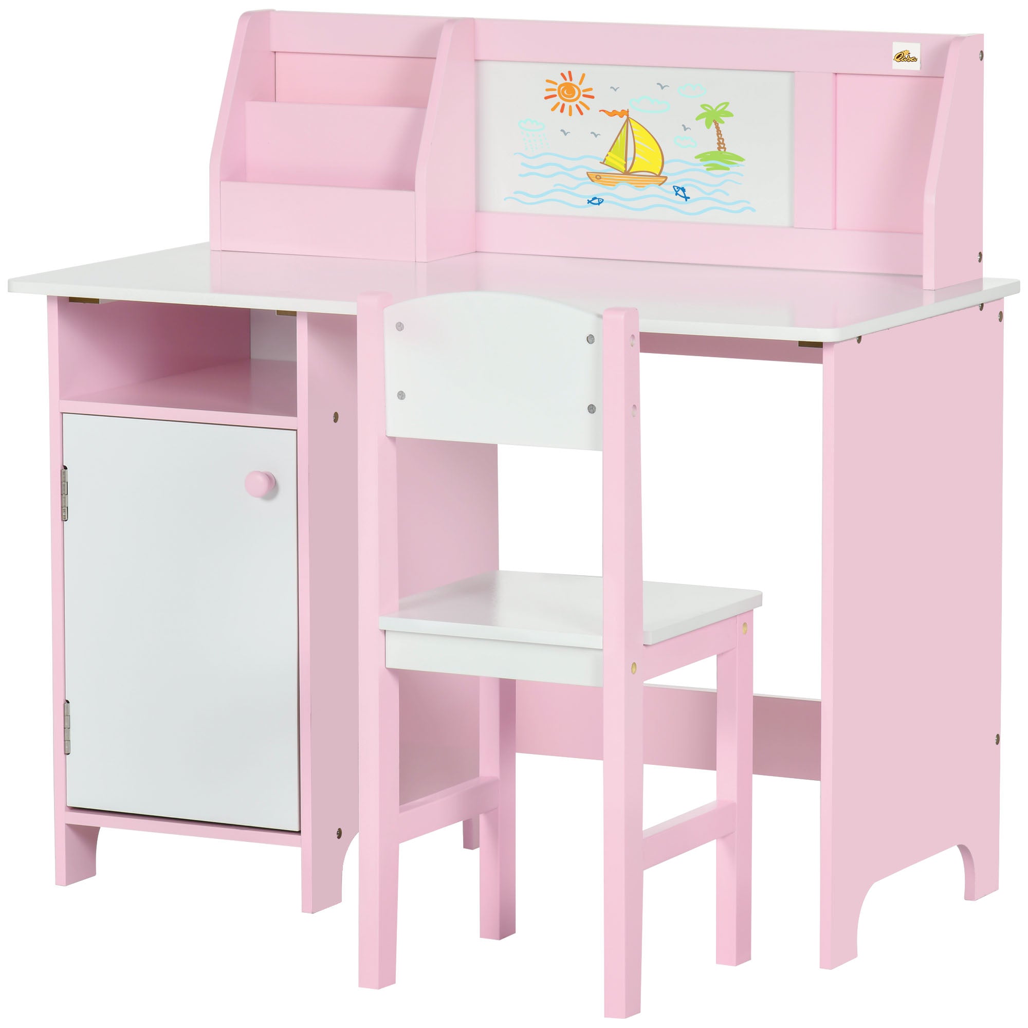 Toddler Table and Chair Set, Kids Writing Desk Homework Table with Whiteboard, Storage Cabinet, Pink