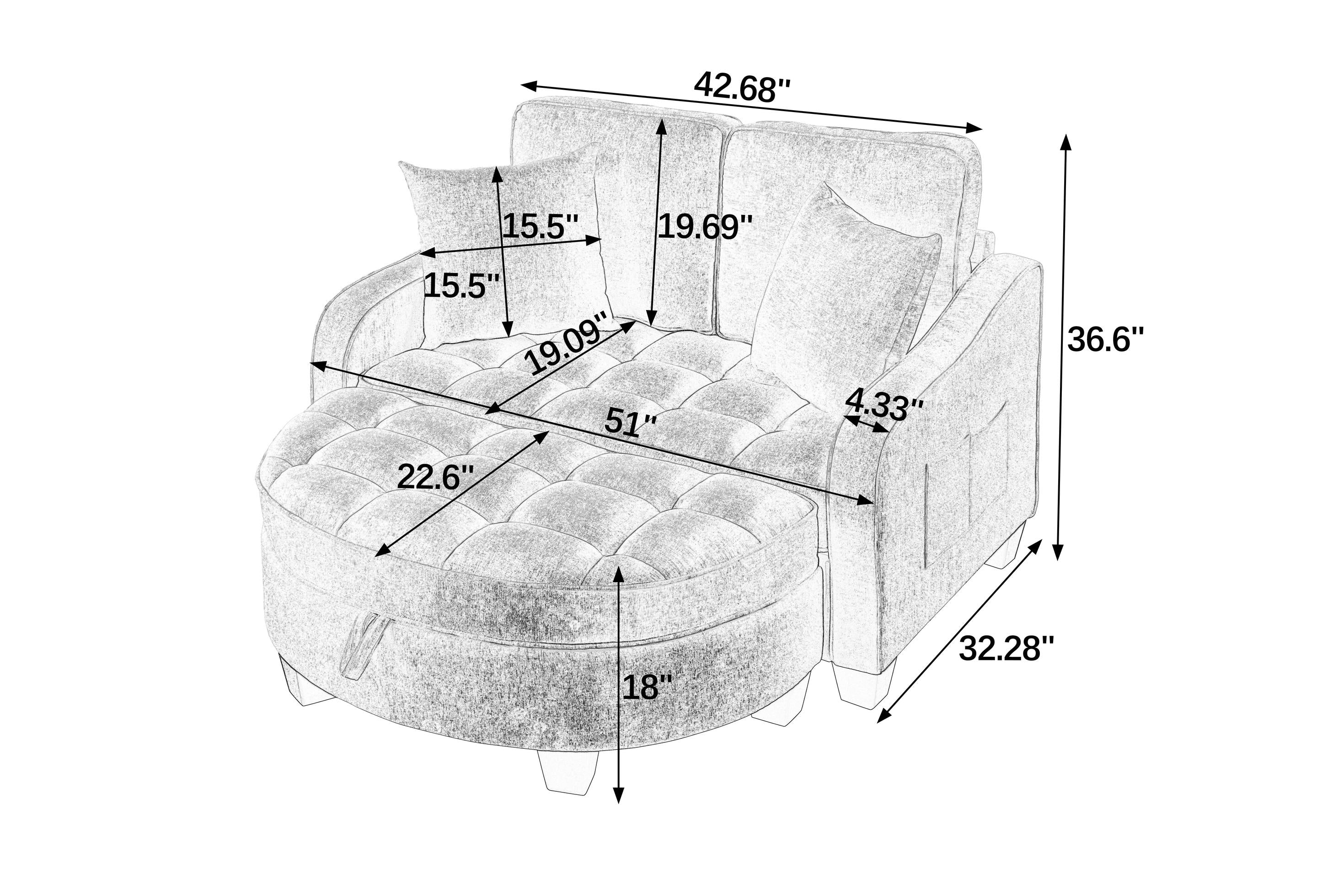 2-Seater Sofa Chaise Lounge with Irregular Curved Armrests, Ergonomic Backrest, Footrest with 2 Throw Pillows, 42.5" L x 32.5" W x 36.5" H, Beige