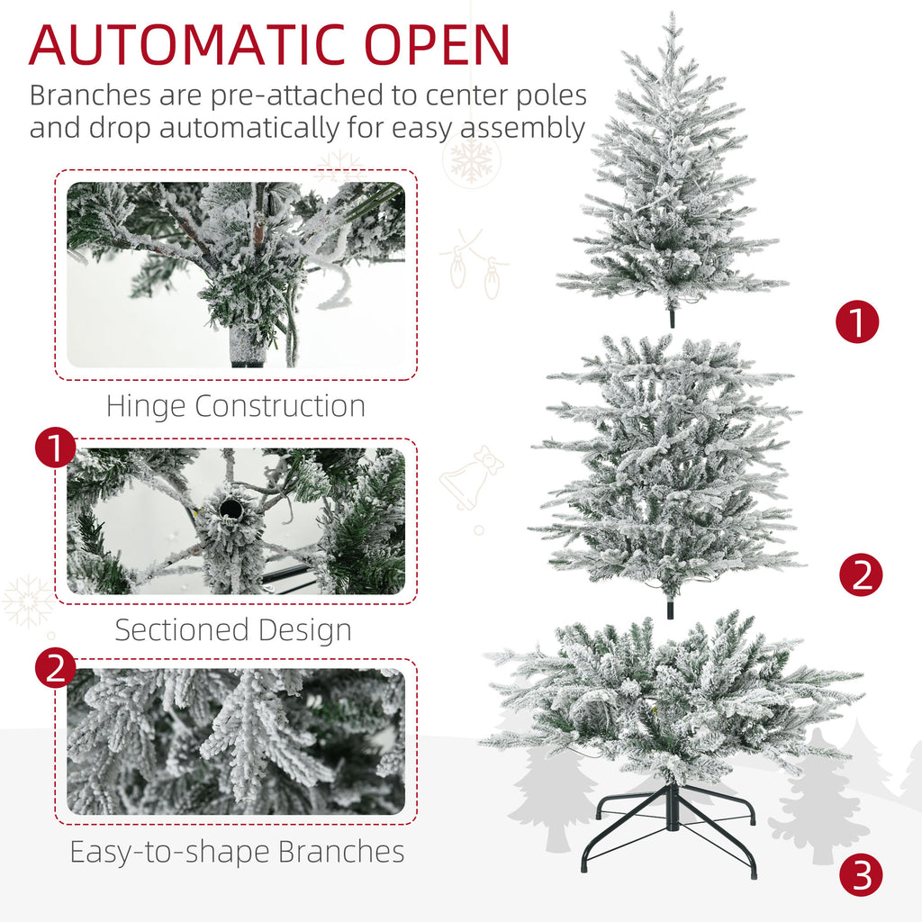 6' Pre Lit Artificial Flocked Christmas Trees, with Snow Branches, Warm Yellow Clear Lights, Auto Open, Extra Bulb