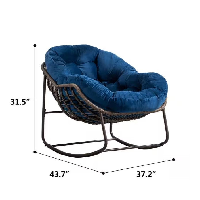 Outdoor Rattan Rocking Chair with Padded Cushion, Oversized Recliner for Porch, Patio, Garden, Steel Frame, 44" L x 37" W x 31.5" H, Navy Blue