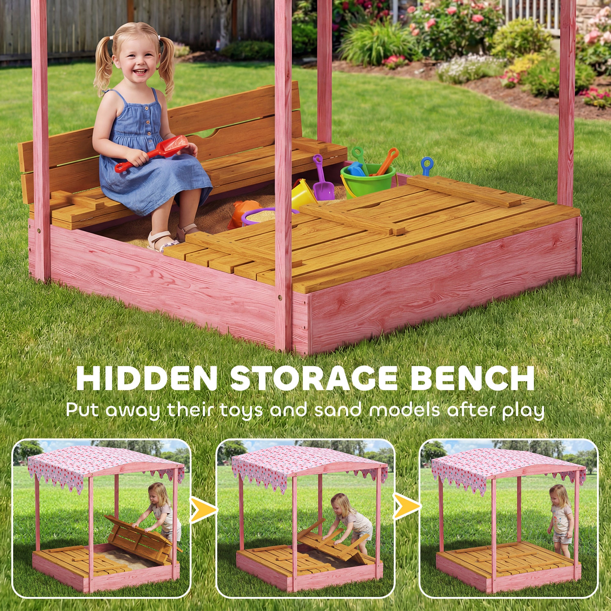 Wooden Sandbox with Cover, Kids Sandbox Outdoor with Seat, Bottom Liner, Canopy for Ages 3-6, Flamingos Print, Pink