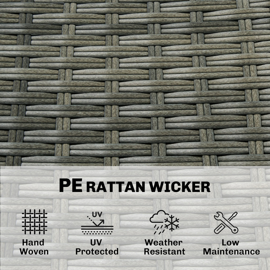 5 Piece Wicker Outdoor Bar Set, Acacia Wood Outdoor High Top Table and Chairs with 3 Tier Shelves, Cushions, Gray