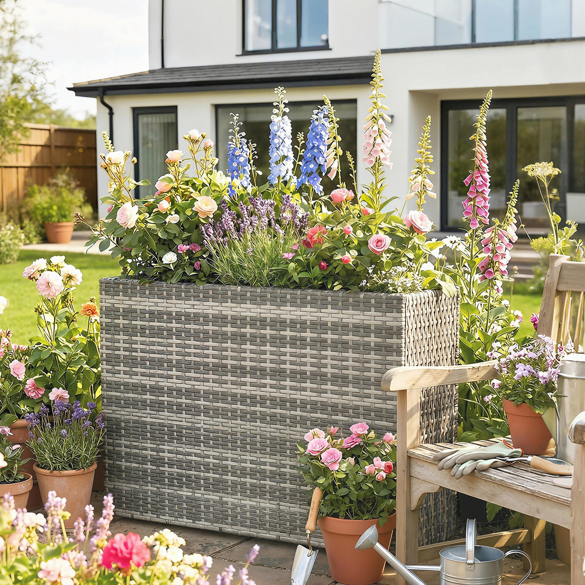 Tall Rectangular Planter with Removable Liner, Holes, PE Wicker Large Planter Box for Indoor Outdoor Plants, Gray