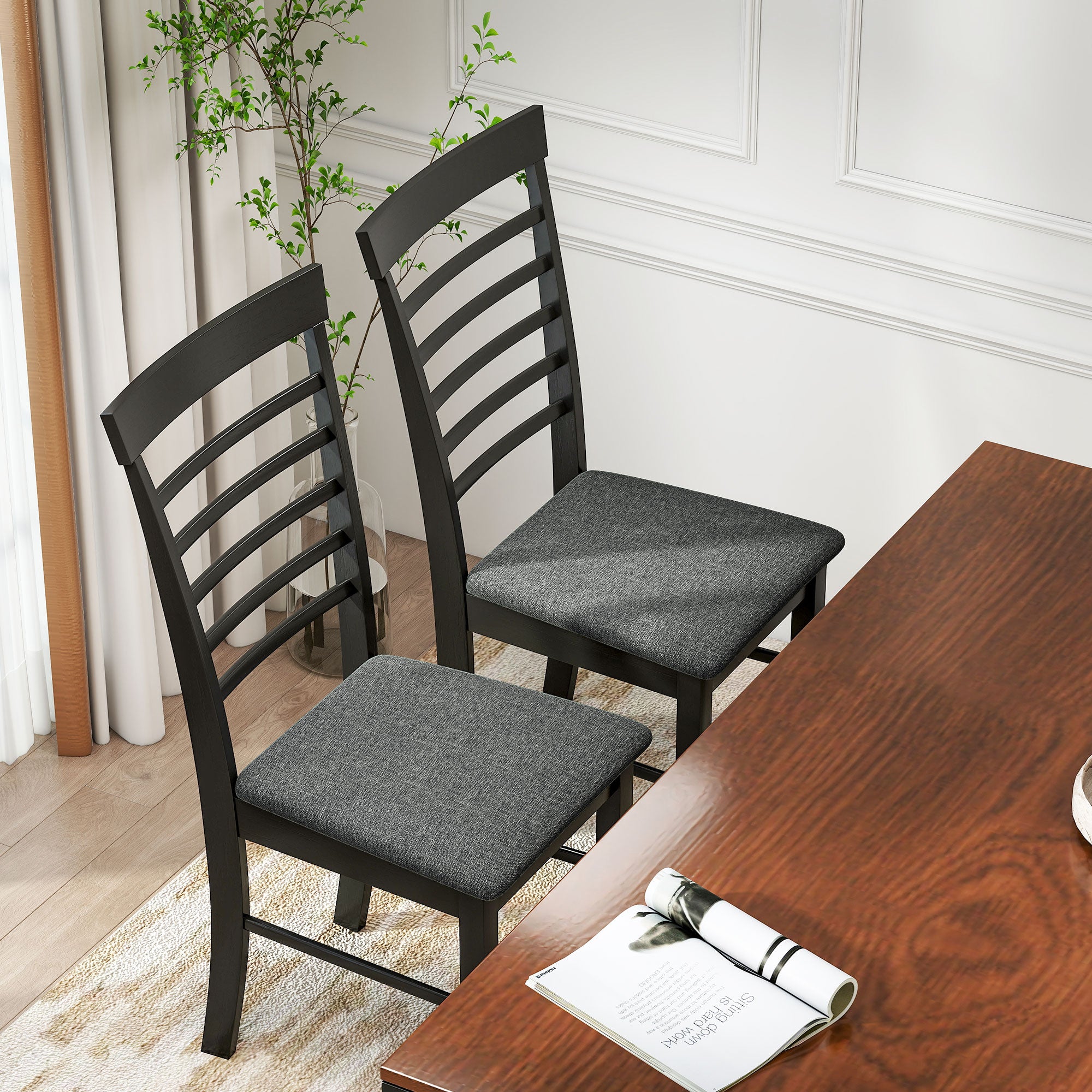 Wooden Dining Chairs Set of 2, Farmhouse Upholstered Kitchen Chairs with Rubber Wood Frame, Black and Gray