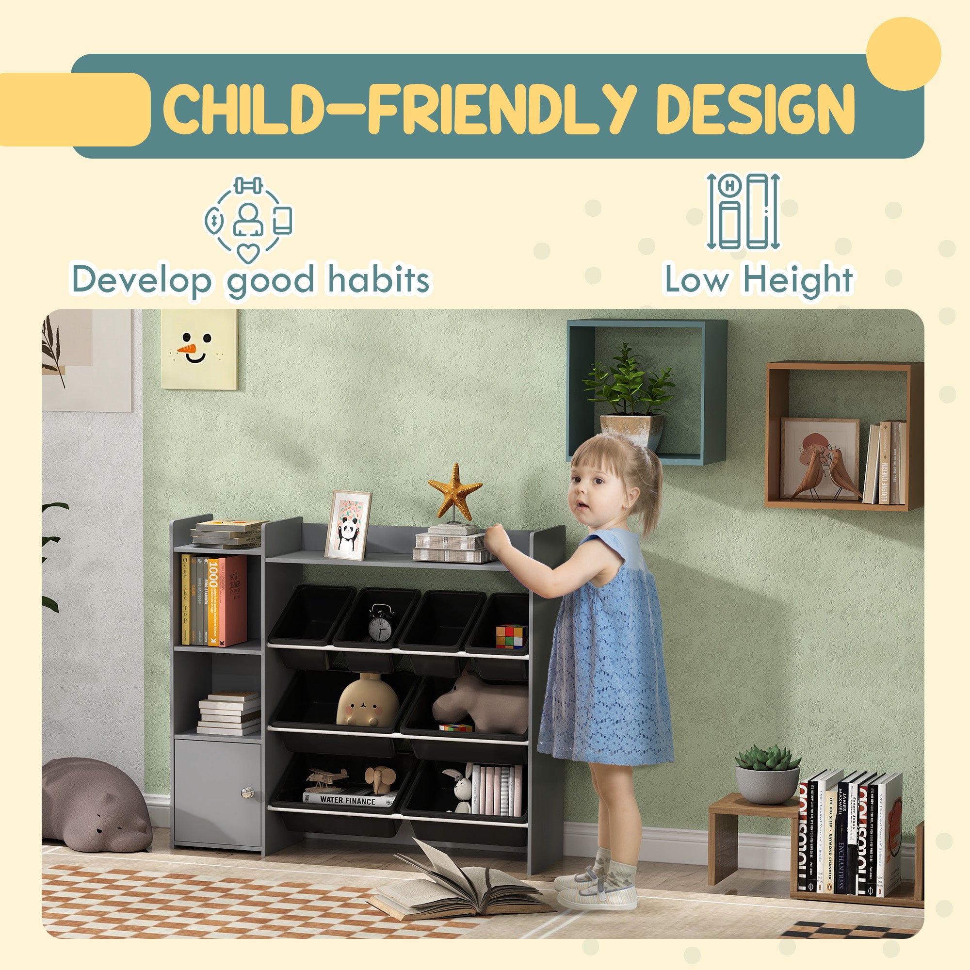 Toy Storage Organizer with 8 Bins, 2 Storage Cubbies, Shelf, Drawer, Gray