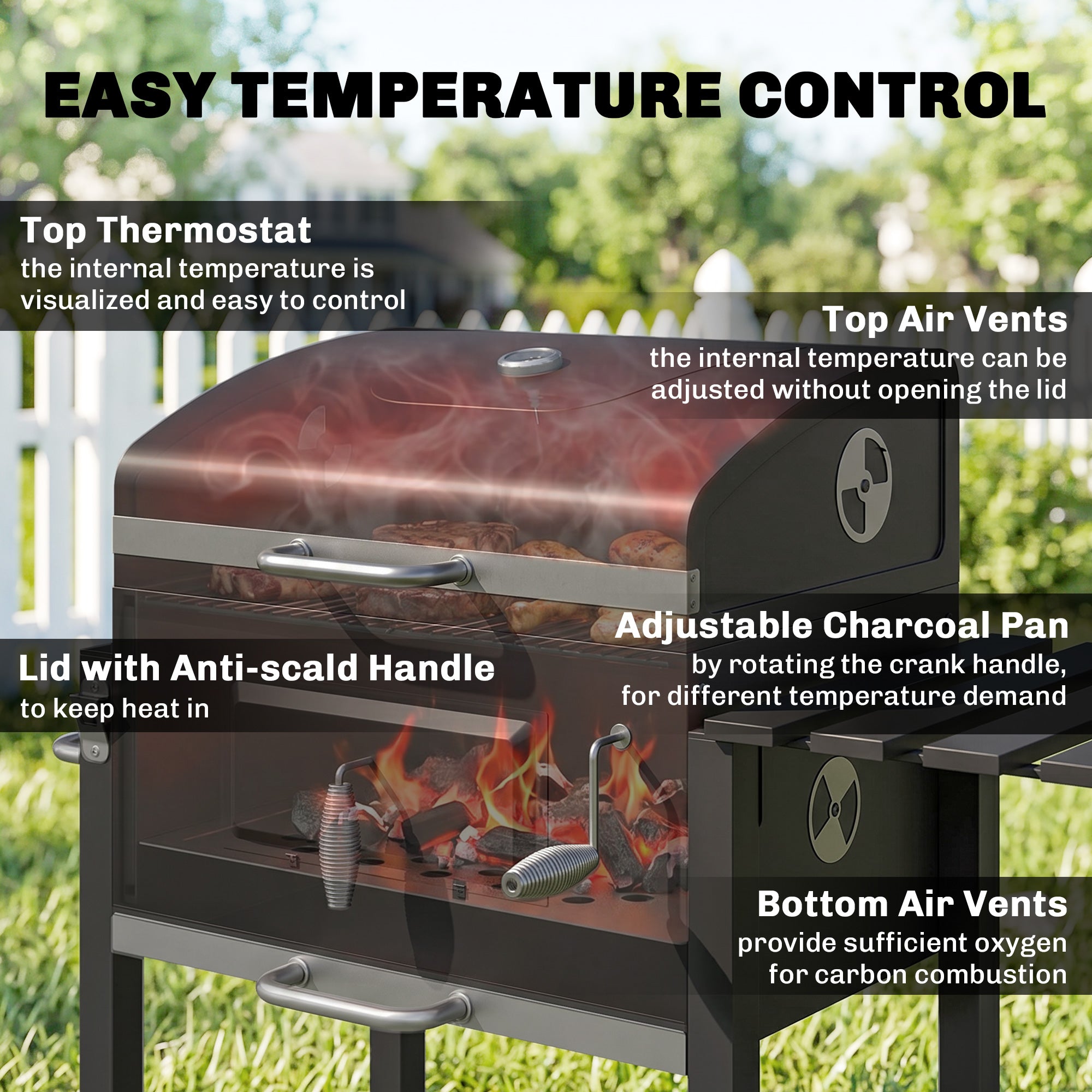 Charcoal BBQ Grill and Smoker Combo Outdoor Portable Trolley Camping Picnic Backyard with Side Shelf, Black