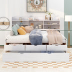Classic Style Full Size Wooden Captain Bed with Built-in Bookshelves, 3 Storage Drawers, and Trundle, 79" L x 104.5" W x 47" H, White