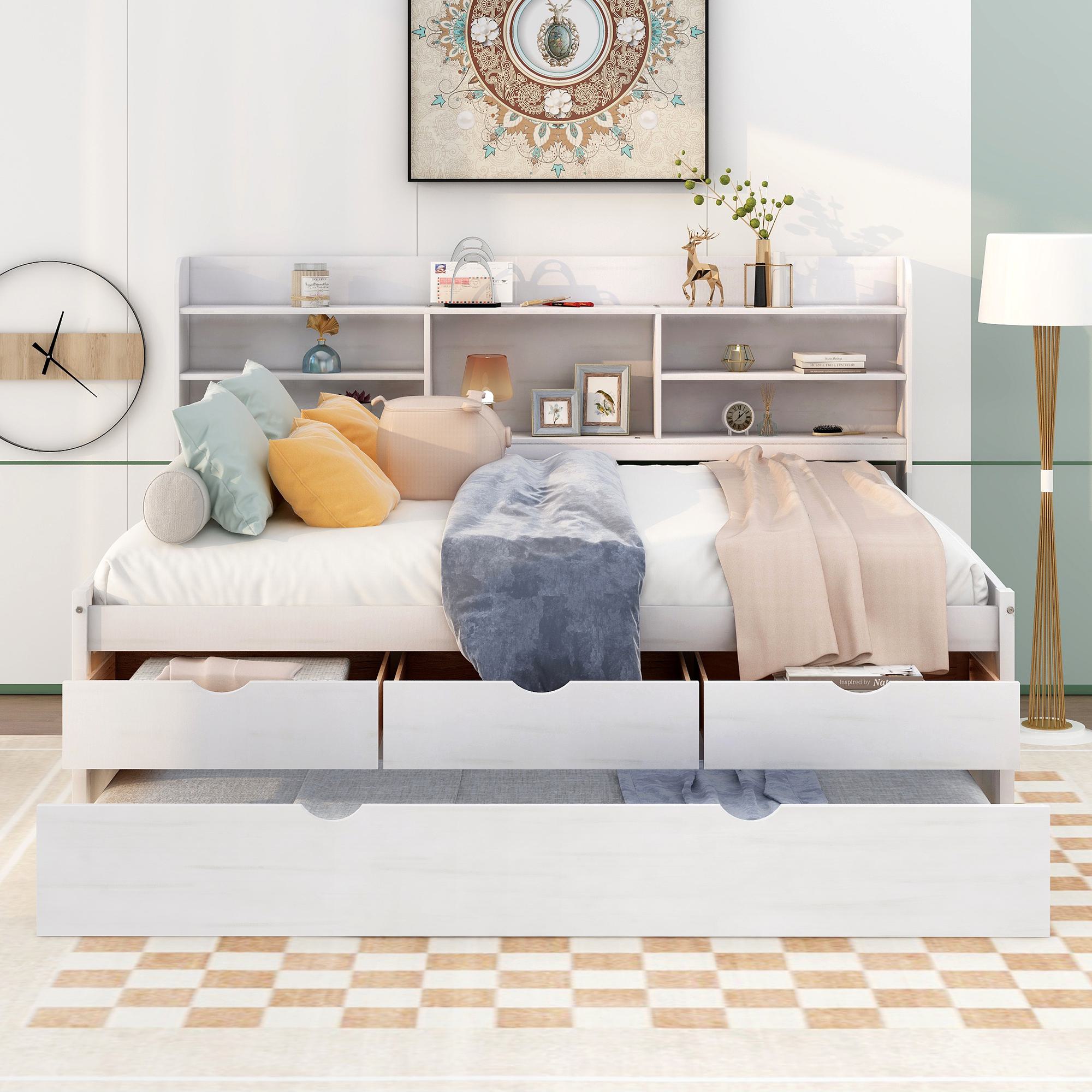 Classic Style Full Size Wooden Captain Bed with Built-in Bookshelves, 3 Storage Drawers, and Trundle, 79" L x 104.5" W x 47" H, White