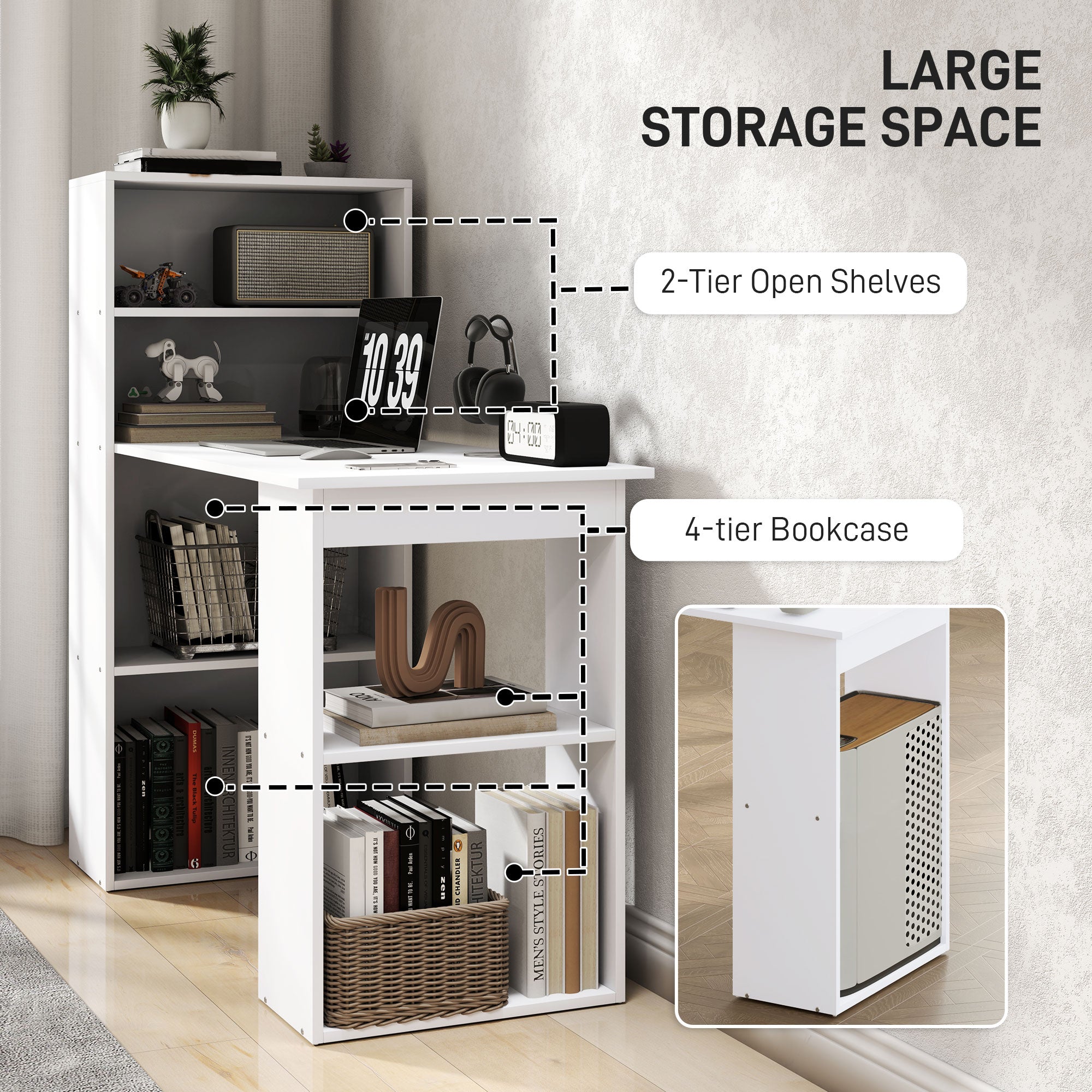 Computer Desk with 6-Tier Storage Shelves, Writing Desk Workstation with Bookshelf for Home Office, White
