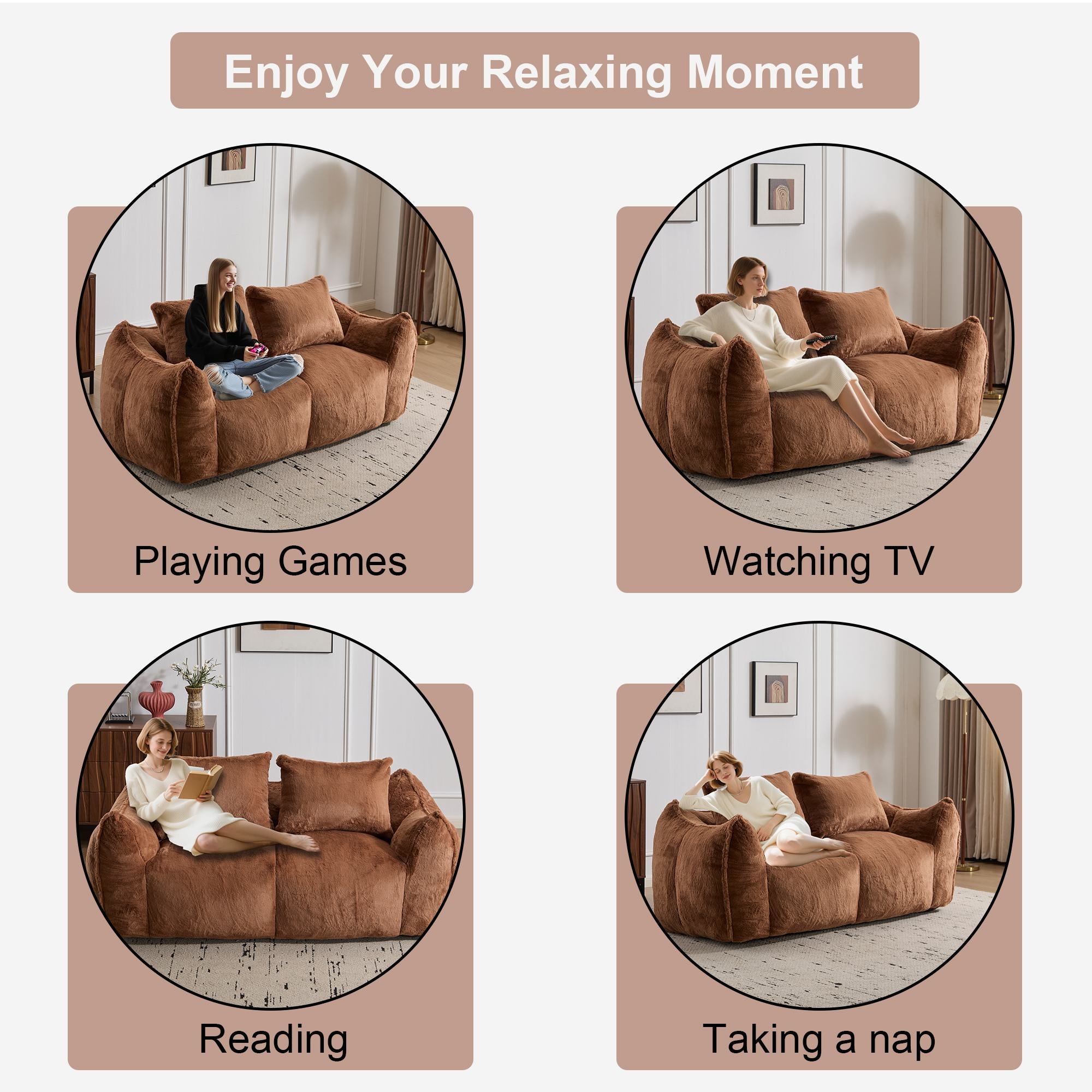 Bean Bag Sofa with High-Density Foam and Faux Fur Fabric, Compressed Sofa Oversized Fluffy Loveseat for Adults, 75" L x 42.5" W x 28.5" H, Brown