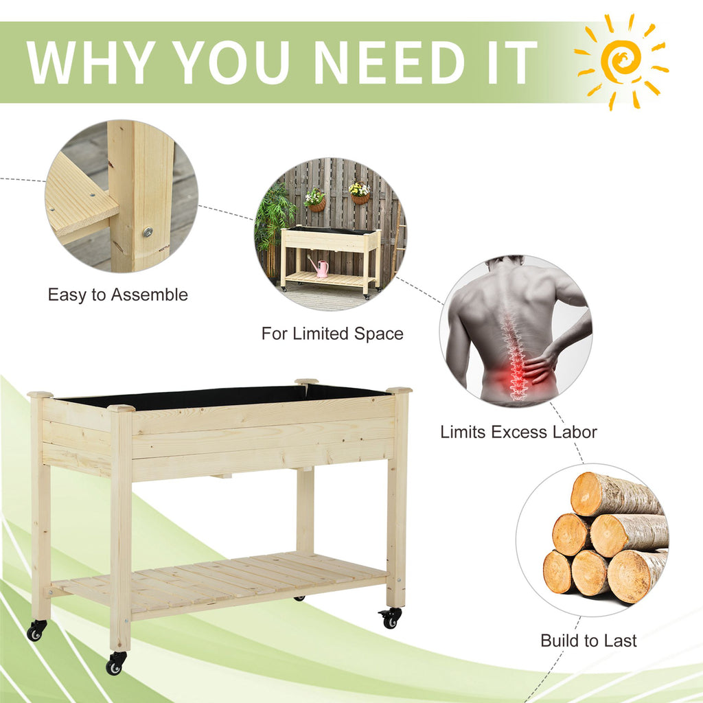 Raised Garden Bed, 47" x 22" x 33", Elevated Wooden Planter Box w/ Lockable Wheels, Storage Shelf, and Bed Liner for Backyard, Patio, Natural