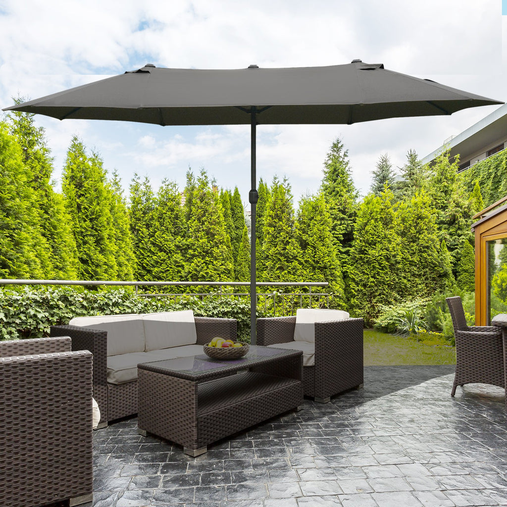 Patio Umbrella 15' Steel Rectangular Outdoor Double Sided Market with base, UV Sun Protection & Easy Crank for Deck Pool Patio Dark Gray