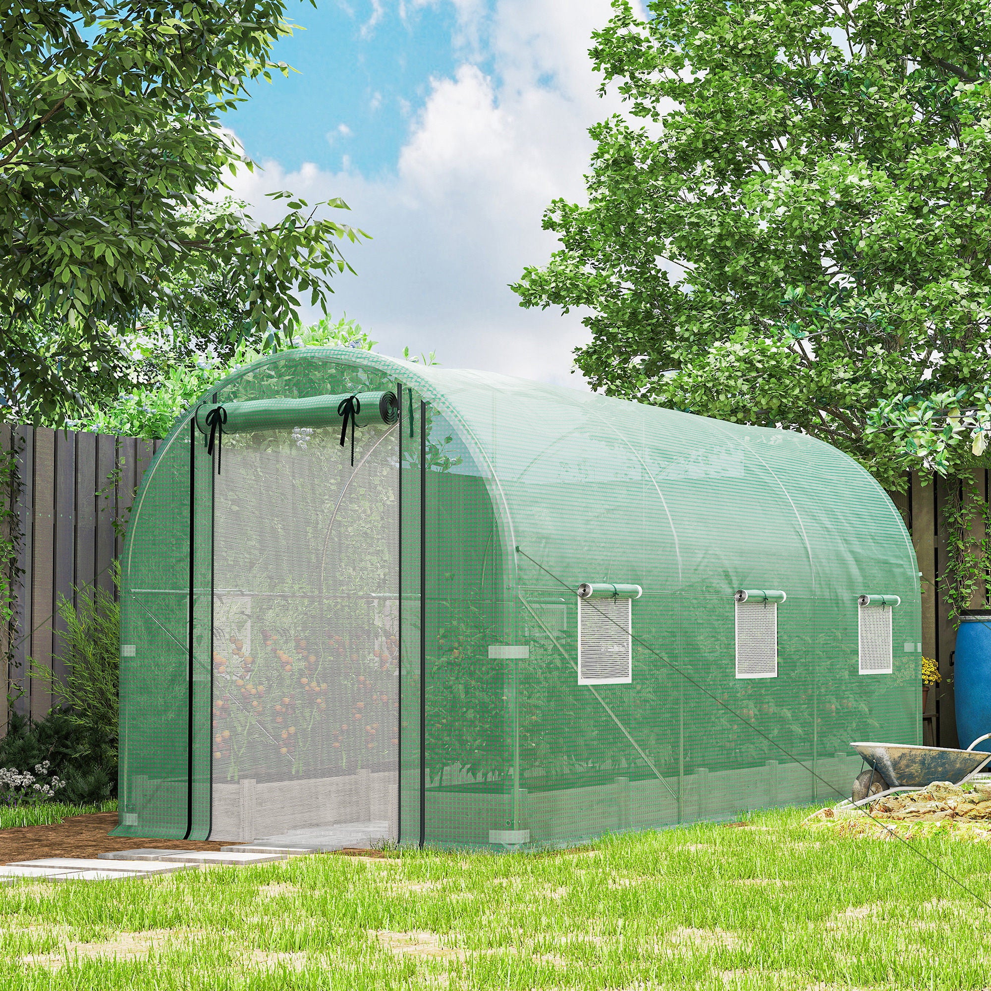 Hoop House Greenhouse, Walk-in Tunnel Greenhouse with 2 Support Rods, Zippered Roll-up Mesh Door, 14.6'x6.5'x6.6', Green