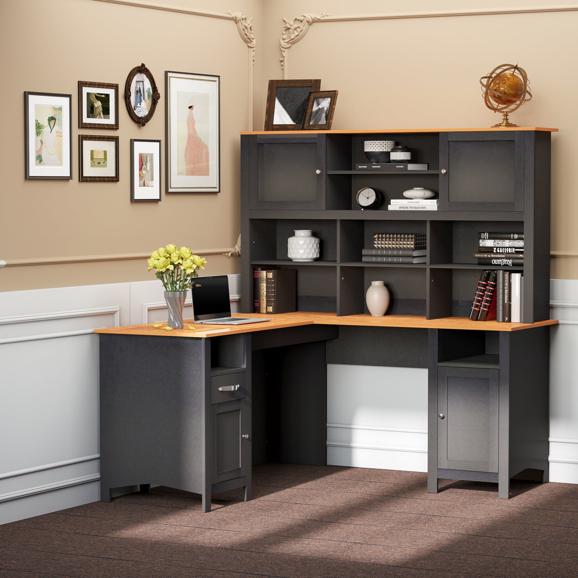 L Shaped Computer Desk with Hutch, 59" Corner Desk, Space Saving Home Office Desk with Storage, Black