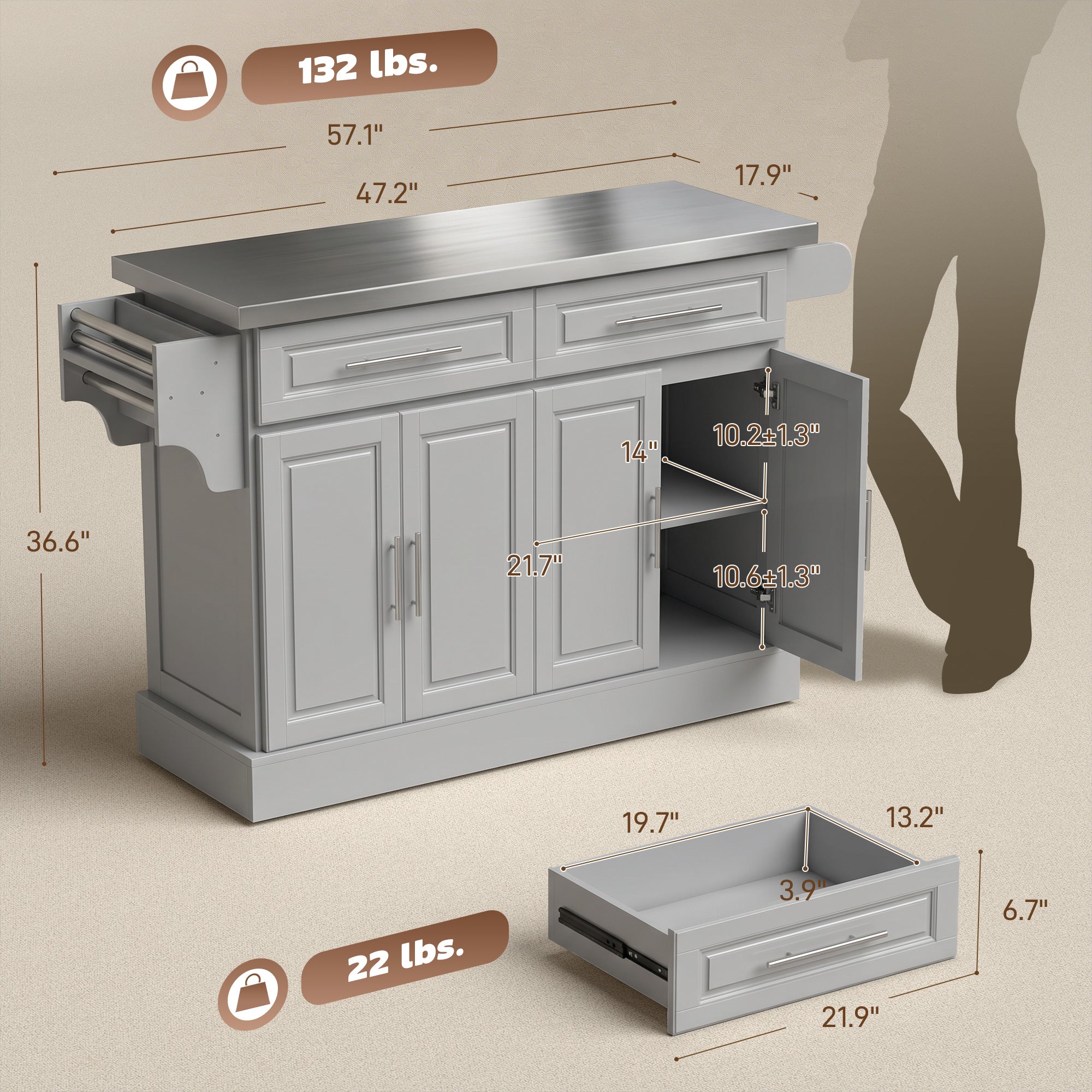 Rolling Kitchen Island Cart with 47" Stainless Steel Top, Portable Island Table for Kitchen with Wheels, Adjustable Shelves, 2 Drawers, Spice, Knife and Towel Rack, Gray