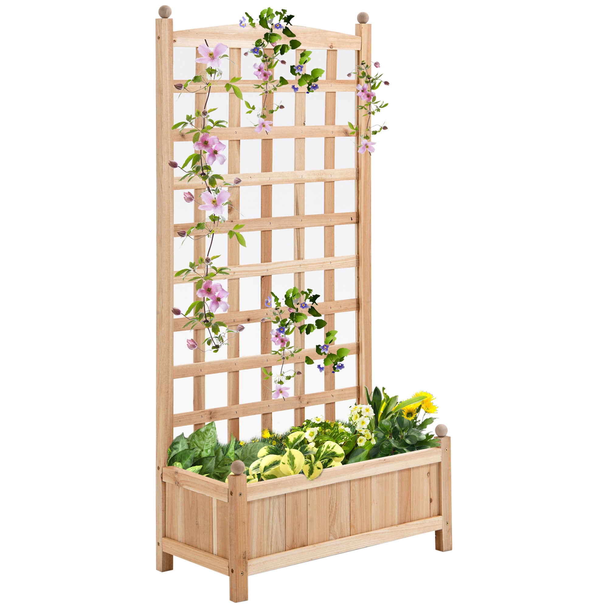 Wooden Raised Garden Bed with Trellis, Outdoor Planter Box with Drainage Crevices for Climbing Vine Plants Flowers, 24" x 12" x 49"
