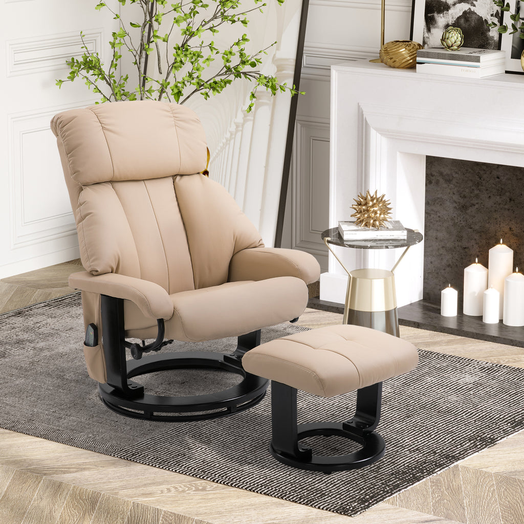 10-Point Massage Recliner Chair, Vibration Massage Sofa with Ottoman Footrest, Faux Leather and Swivel Wood Base for Living Room & Bedroom, Beige
