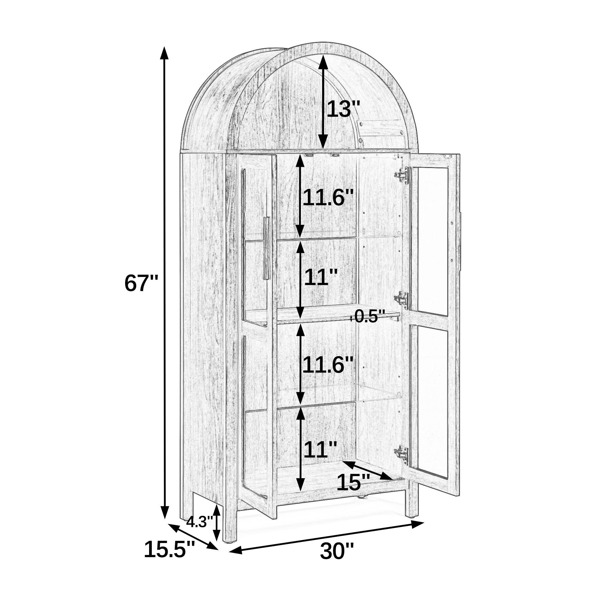 Arched Top Storage Cabinet with LED Light Strip, Adjustable Glass Shelves, Modern Bookcase for Living Room, 30" L x 15.5" W x 67" H, Brown