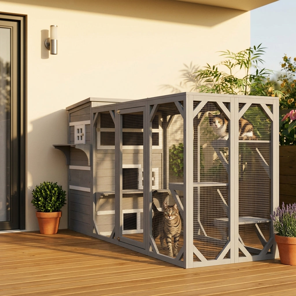 Outdoor Cat House, 3-Tier Kitty Shelter with 5 Escape Doors, Weather Resistant, Gray & White