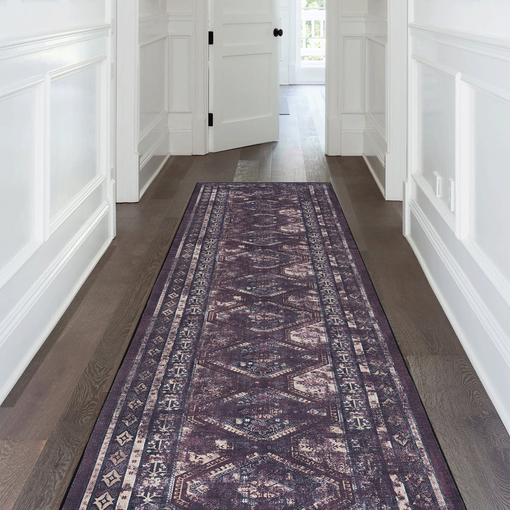 2x10 Low-Pile Non-Slip Non-Shedding Washable Area Rug, Kid and Pet Friendly, Carpet for Living Room, Bedroom, Kitchen, Black+Burgundy