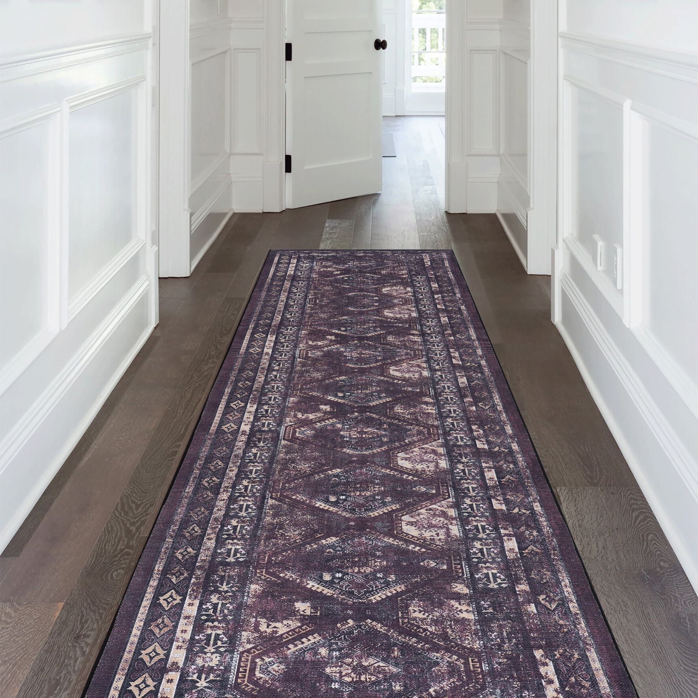 2x10 Low-Pile Non-Slip Non-Shedding Washable Area Rug, Kid and Pet Friendly, Carpet for Living Room, Bedroom, Kitchen, Black+Burgundy