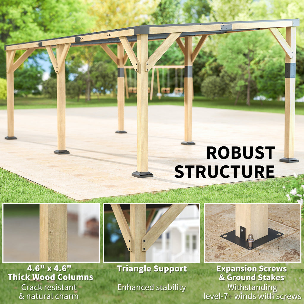 10' x 20' Wooden Gazebo, Hardtop Lean-to Gazebo Pergola with Galvanized Steel Sloped Roof, Light Walnut
