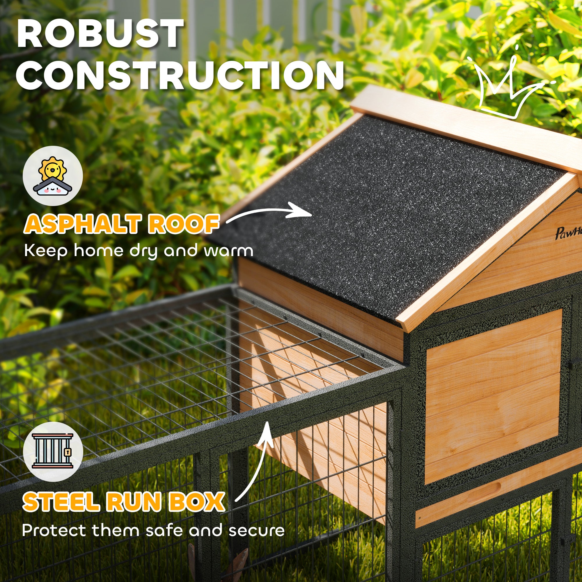 Wooden Rabbit Hutch Outdoor, 85" Large Bunny Cage with Steel Run, Removable Plastic Tray, Asphalt Roof, Ramp