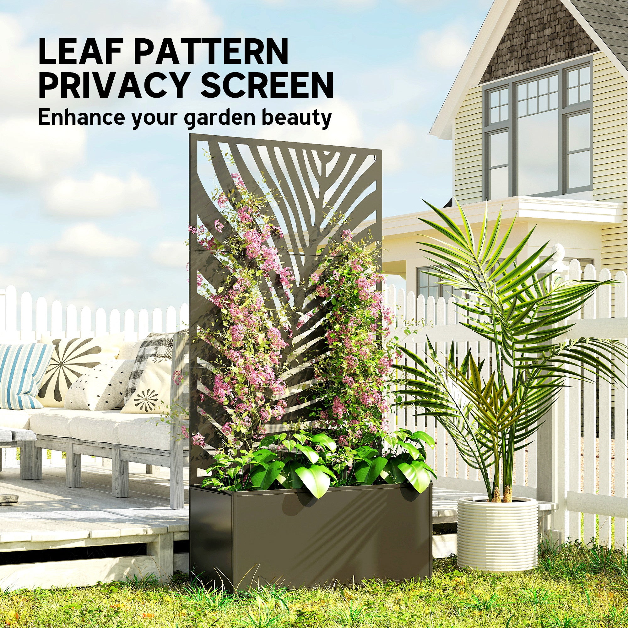 Metal Planter Box with Trellis, Raised Garden Bed with Trellis Large Leaf Cut-Out Privacy Screen for Climbing Plants