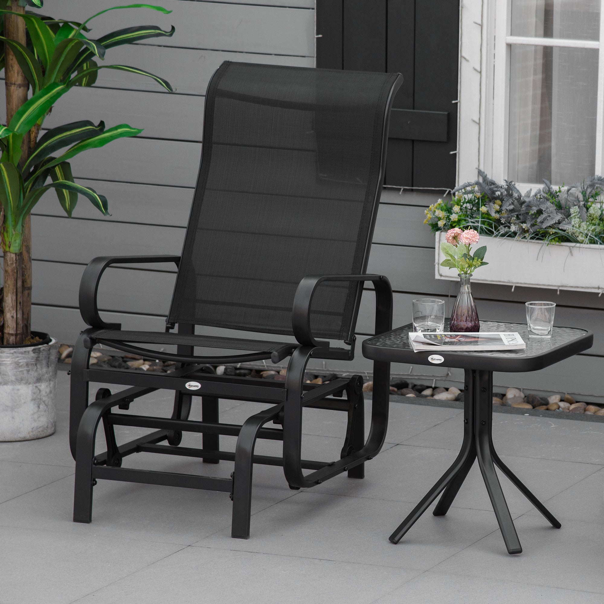 Outdoor Patio Sling Fabric Swing Glider Rocker Chair with Smooth Rocking Arms, Black