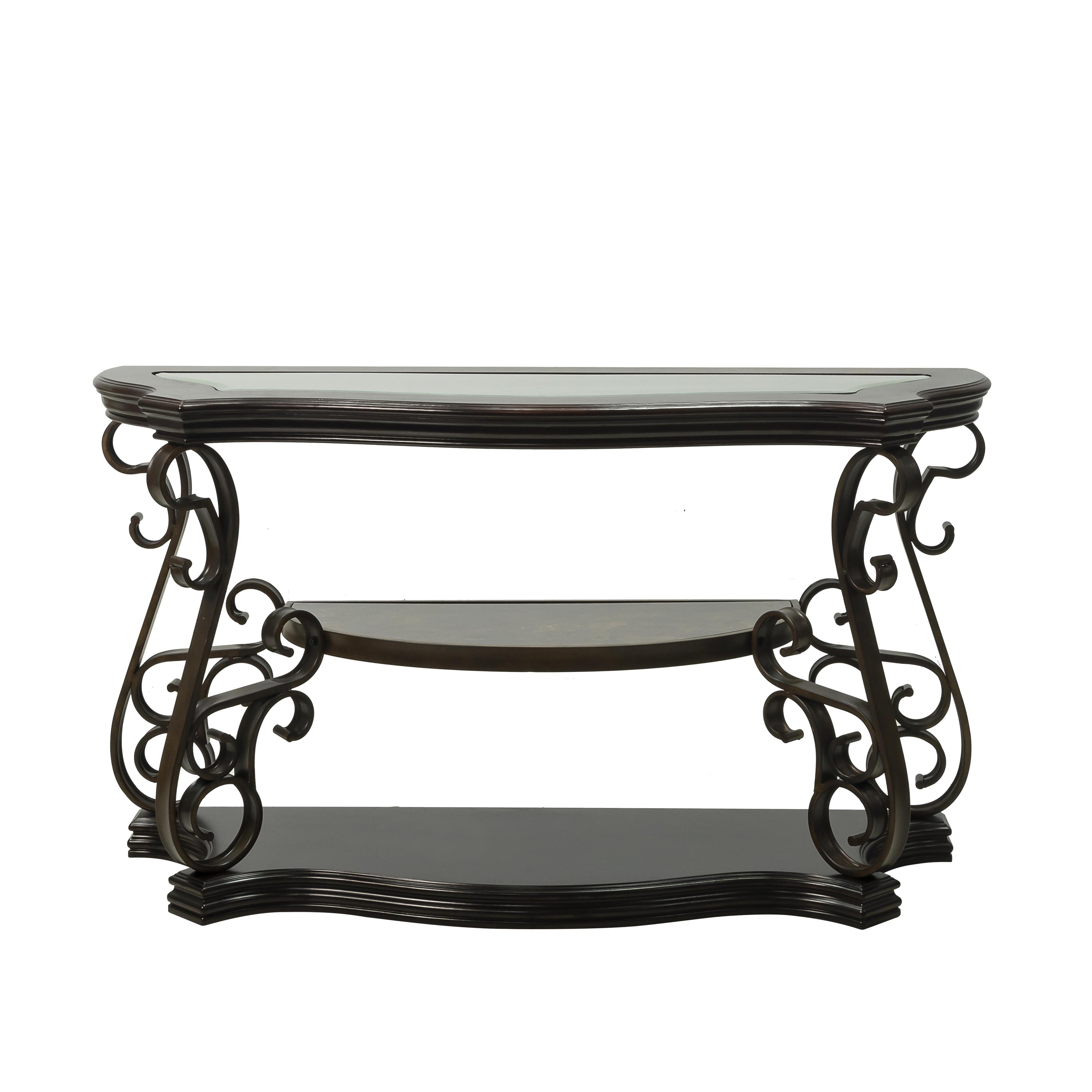 Stylish Sofa Table with Beveled Glass Top, MDF Birch Veneer Middle Shelf, Desk with Powder-Coated Serpentine Legs, 54" L x 20" W x 30" H, Brown