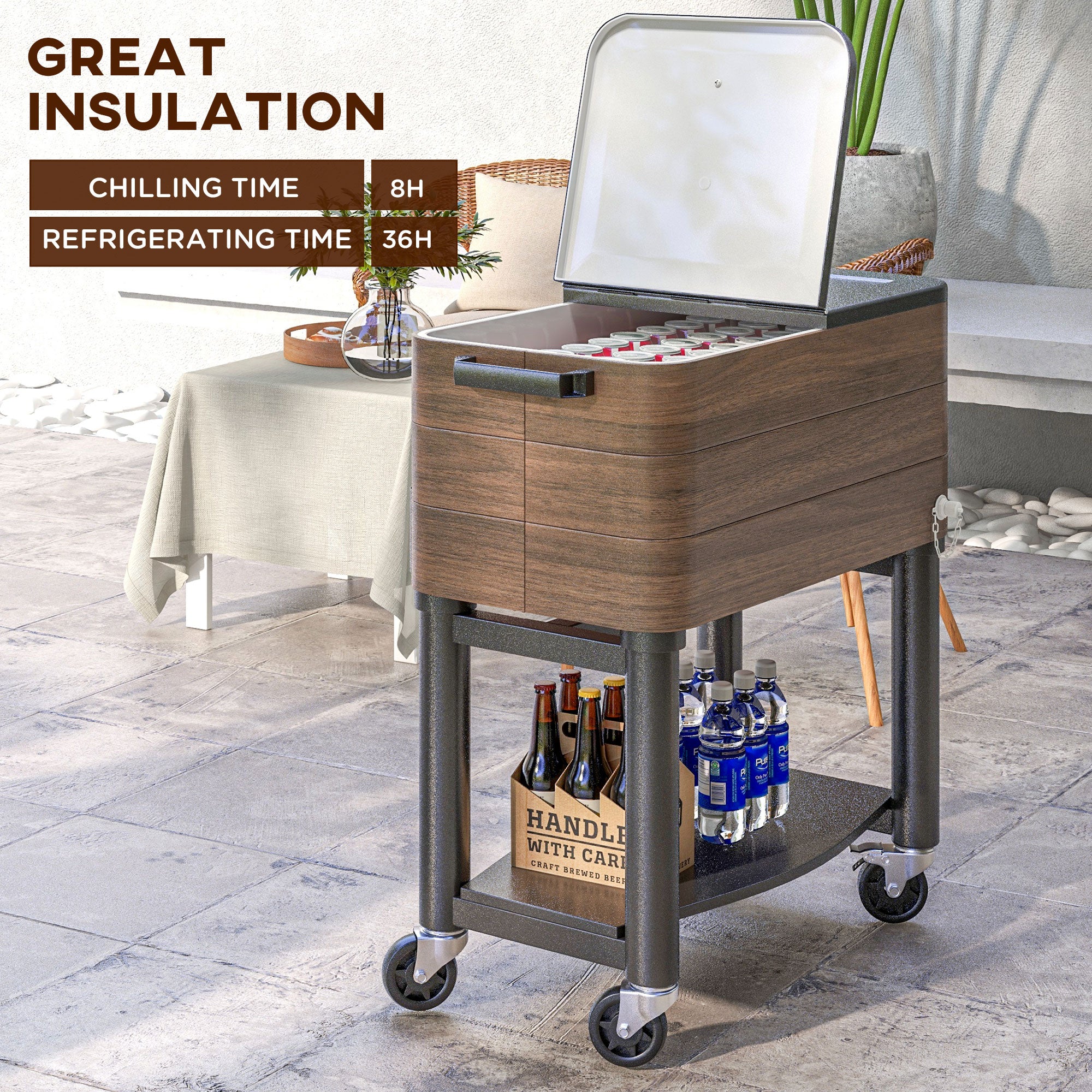 60 Quart Outdoor Cooler Cart, Rolling Ice Chest with Bottom Shelf and Bottle Opener for Backyard, Deck, Poolside Party