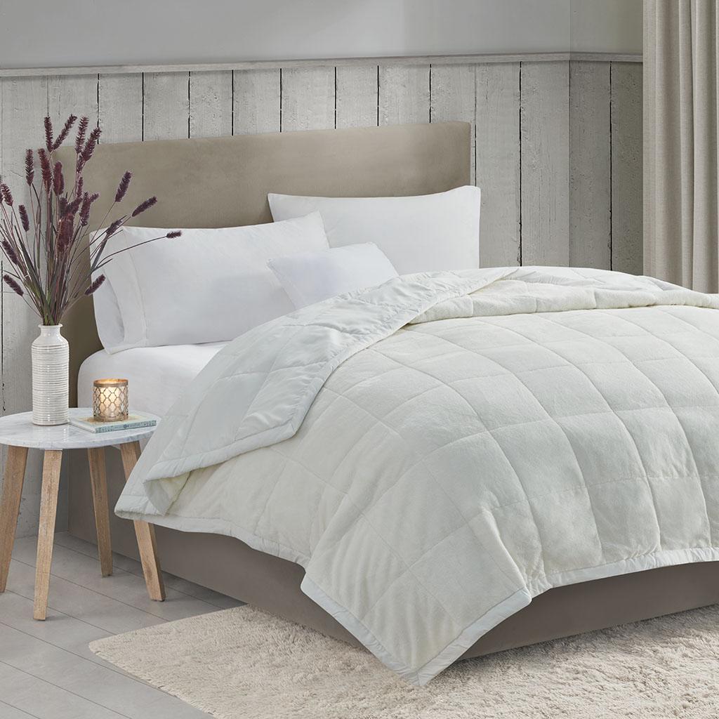 Reversible Smart Temperature Down Alternative Blanket with Plush to Microfiber, OEKO-TEX Certified, for Any Season, 90" L x 90" W x 0.25" H, Ivory