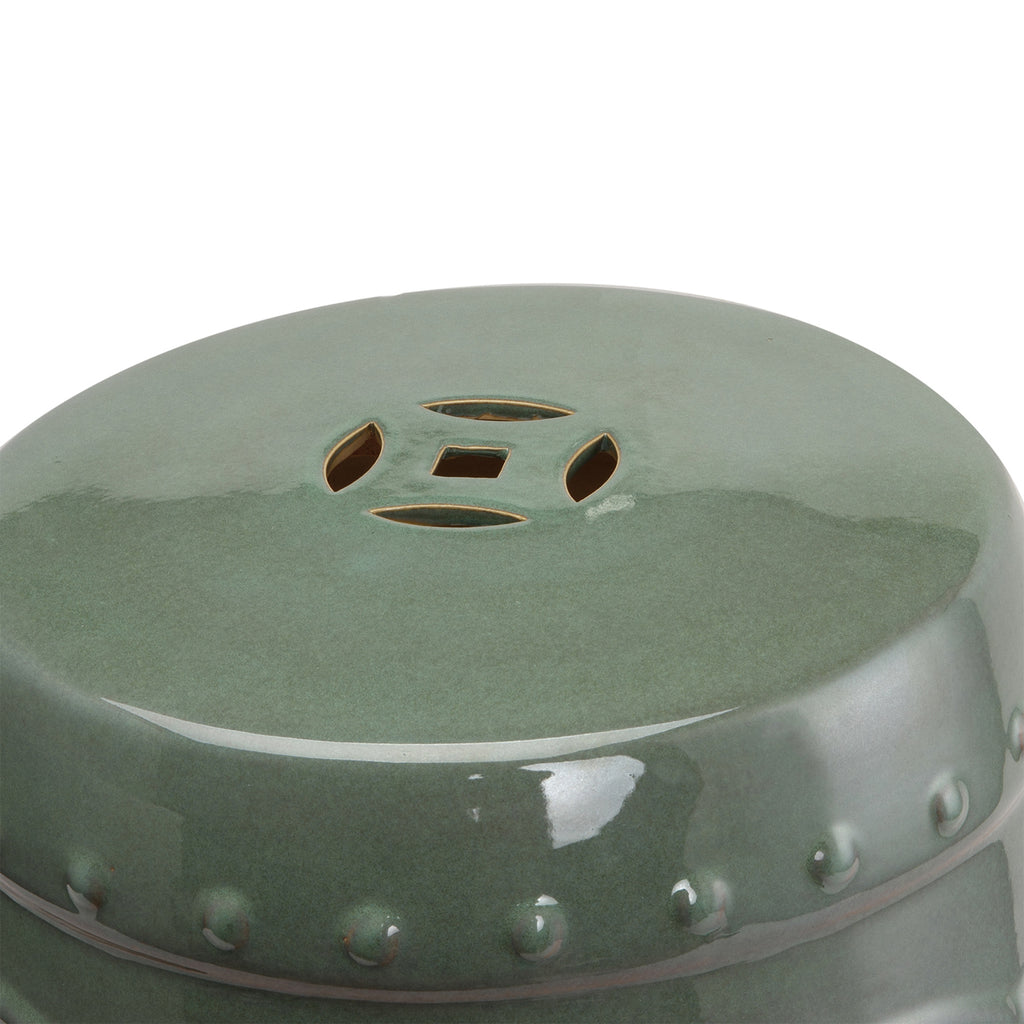 14" x 17" Ceramic Garden Stool with Double-Coin Knotted Ring Design, Glazed Decorative Outdoor Stool, Green