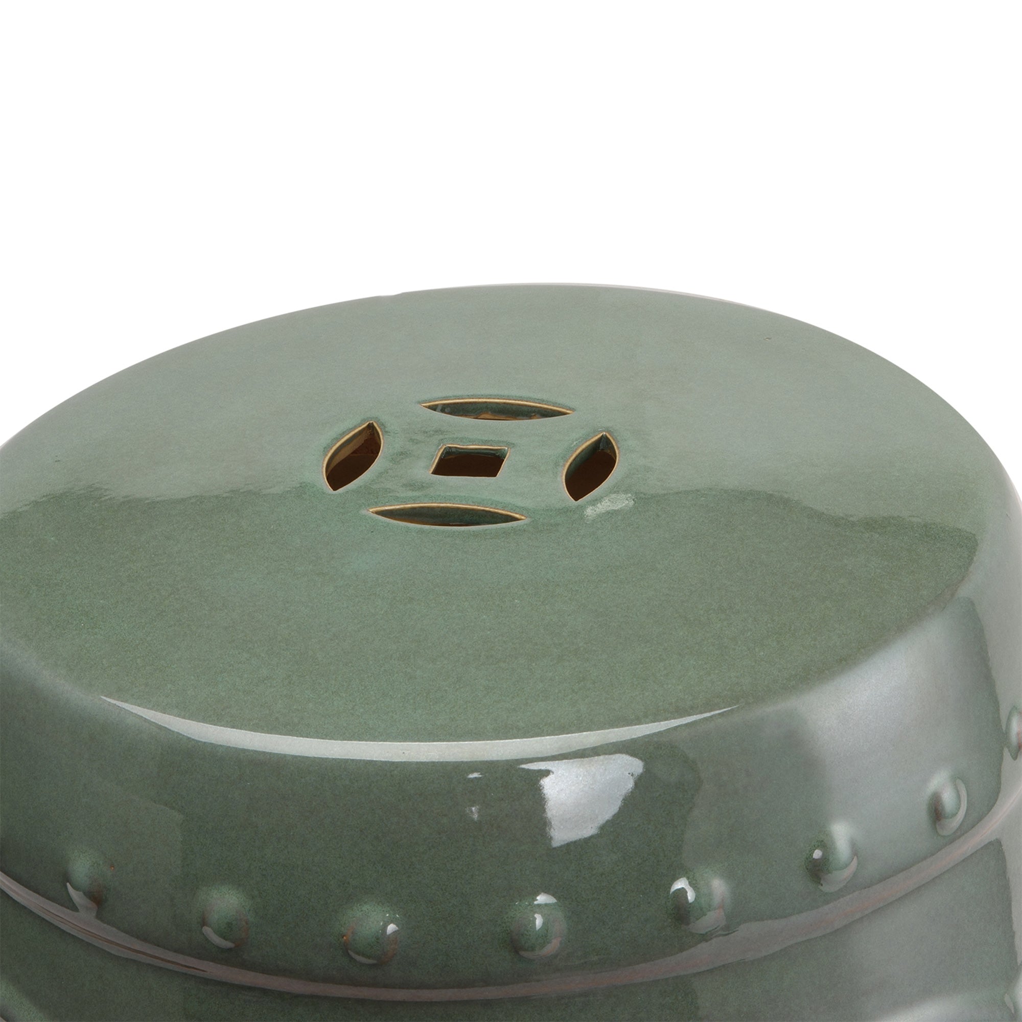 14" x 17" Ceramic Garden Stool with Double-Coin Knotted Ring Design, Glazed Decorative Outdoor Stool, Green