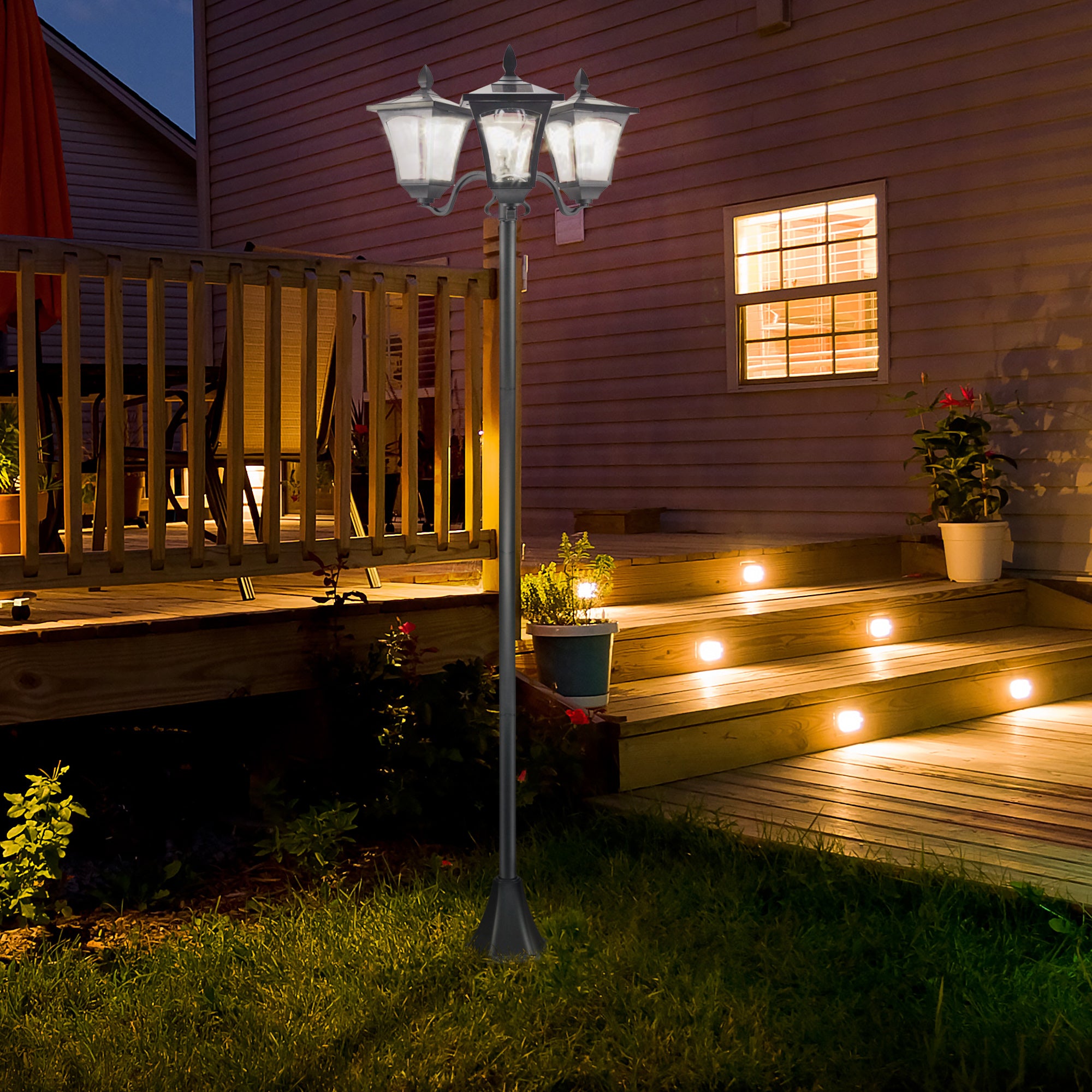 Outdoor Lamp Post Lights, Triple Head Solar Powered Lamp, Street Vintage Solar Post Lamp, for Backyard, Garden Pathway, Driveway, 72 Inches