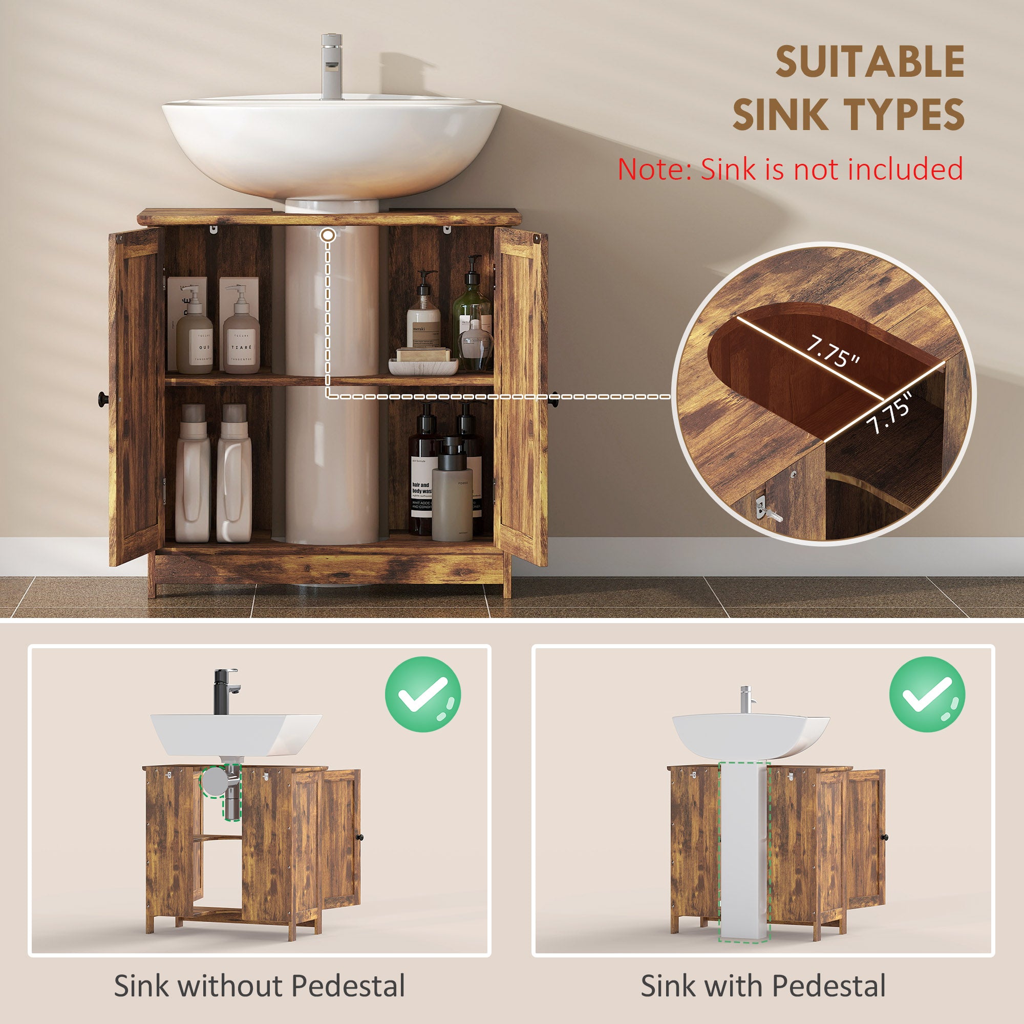 Bathroom Vanity Cabinet, Under Sink Bathroom Cabinet with 2 Doors and Adjustable Shelf, Rustic Brown