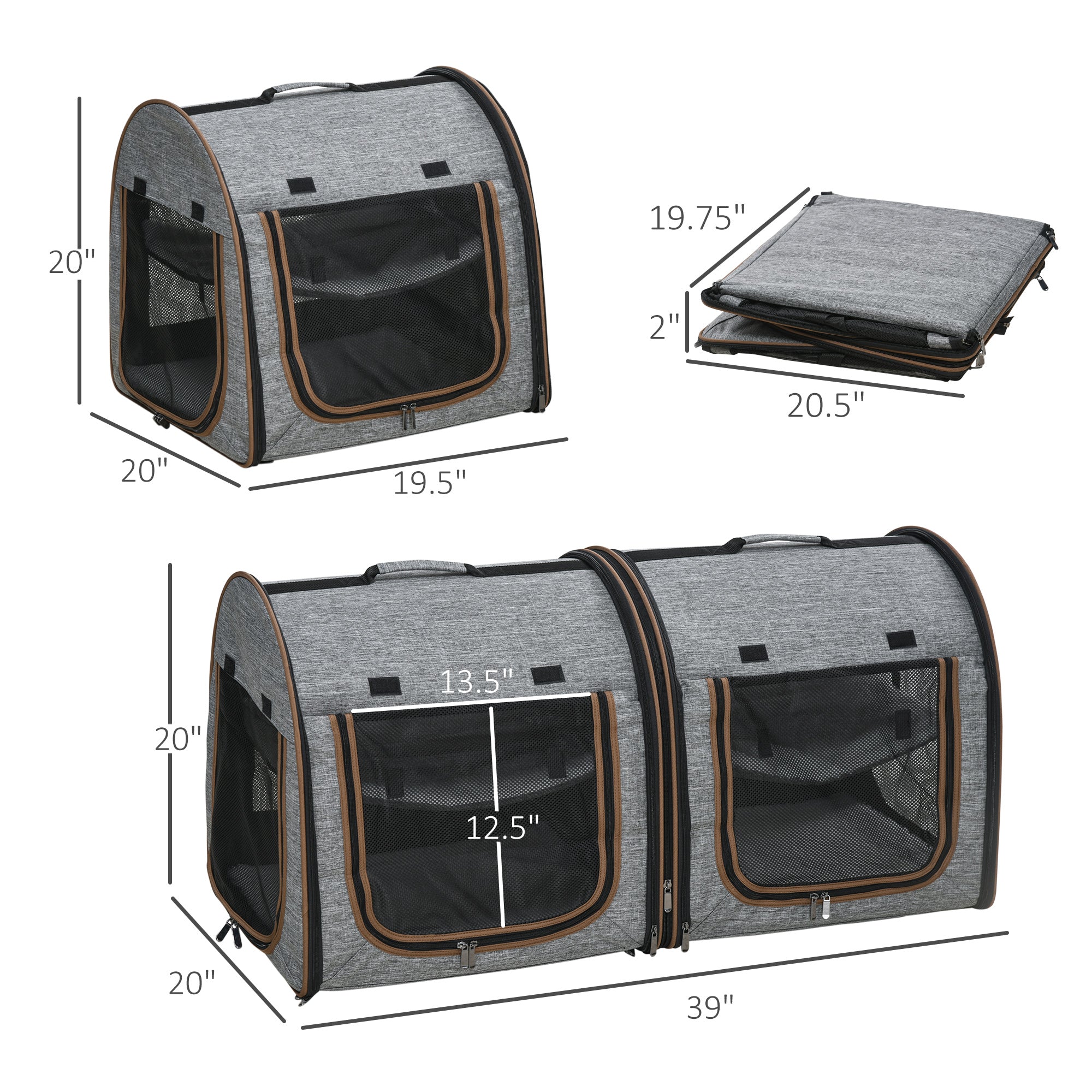 39" Portable Soft-Sided Pet Cat Carrier with Divider, Two Compartments, Soft Cushions, & Storage Bag, Gray