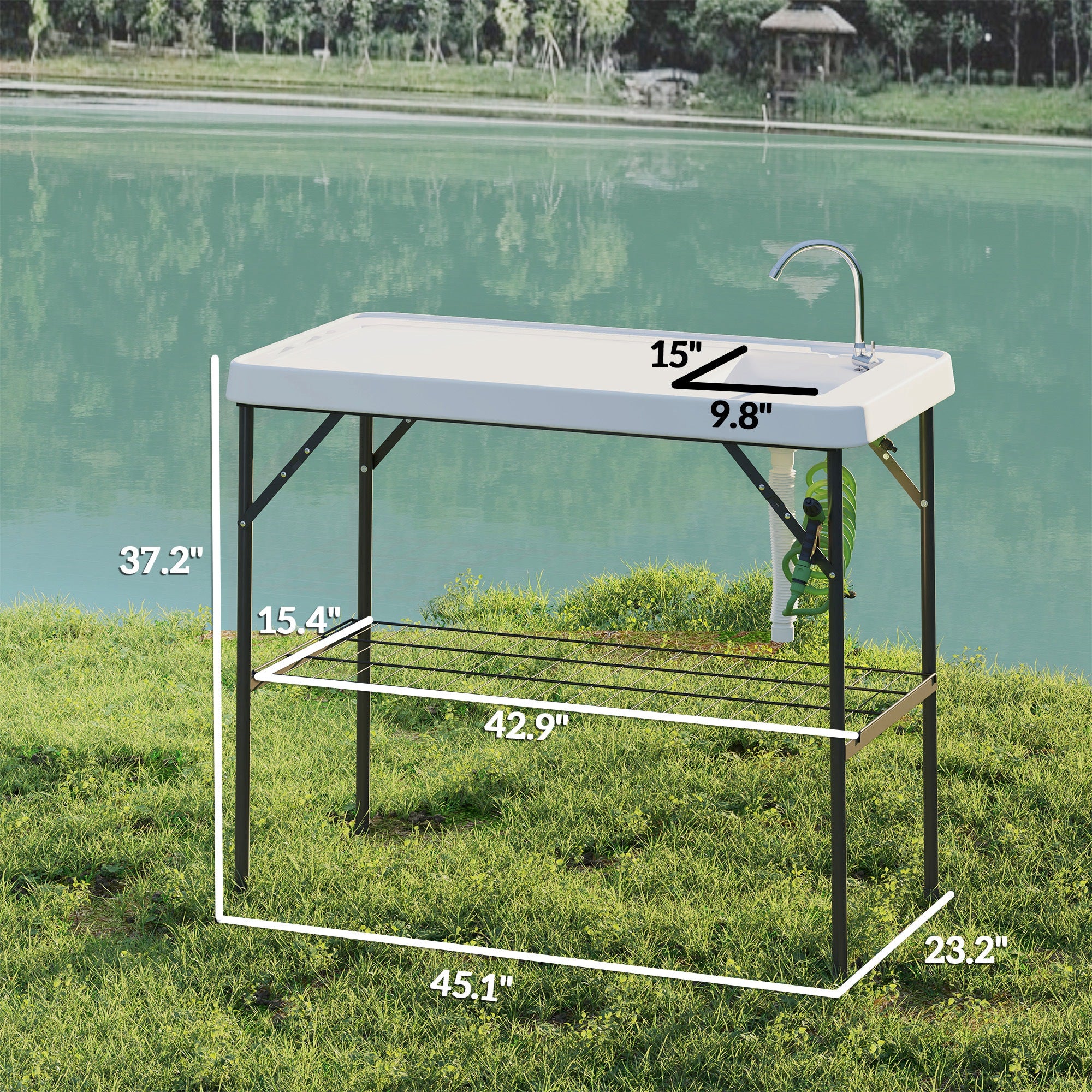 Folding Fish Cleaning Table with Sink, Portable Camping Table with Faucet, Drainage Hose, Sprayer and Shelf, White