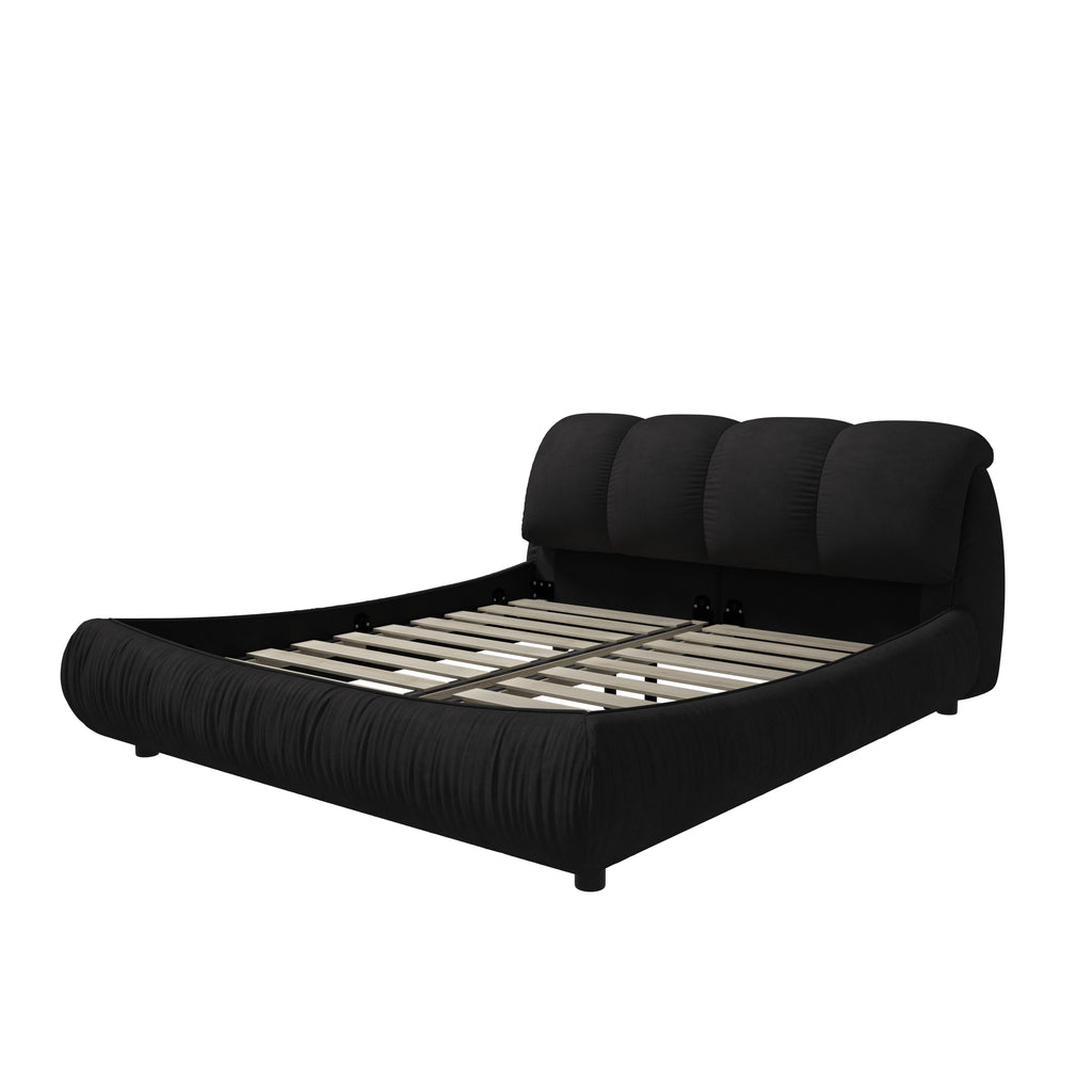 Queen Size Upholstered Bed with Oversized Padded Backrest, Solid Wood Frame, Adjustable Mattress Heights, 96.5" L x 70" W x 43.5" H, Black