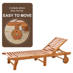 Outdoor Folding Chaise Lounge Chair Recliner with Wheels, Acacia Wood Frame - Teak Color