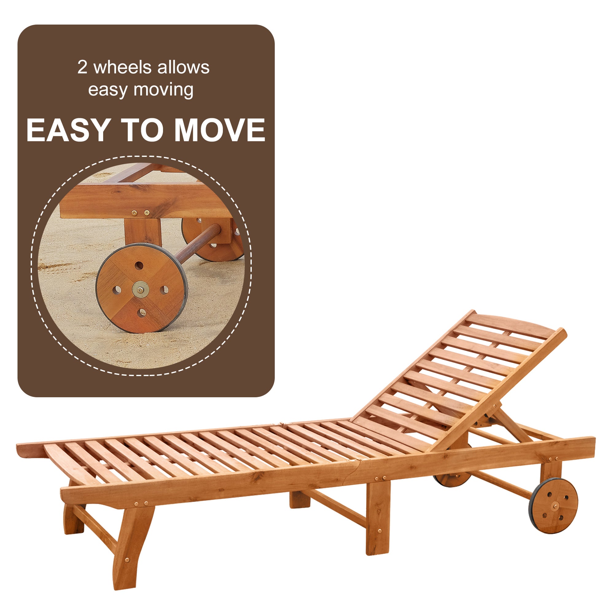 Outdoor Folding Chaise Lounge Chair Recliner with Wheels, Acacia Wood Frame - Teak Color