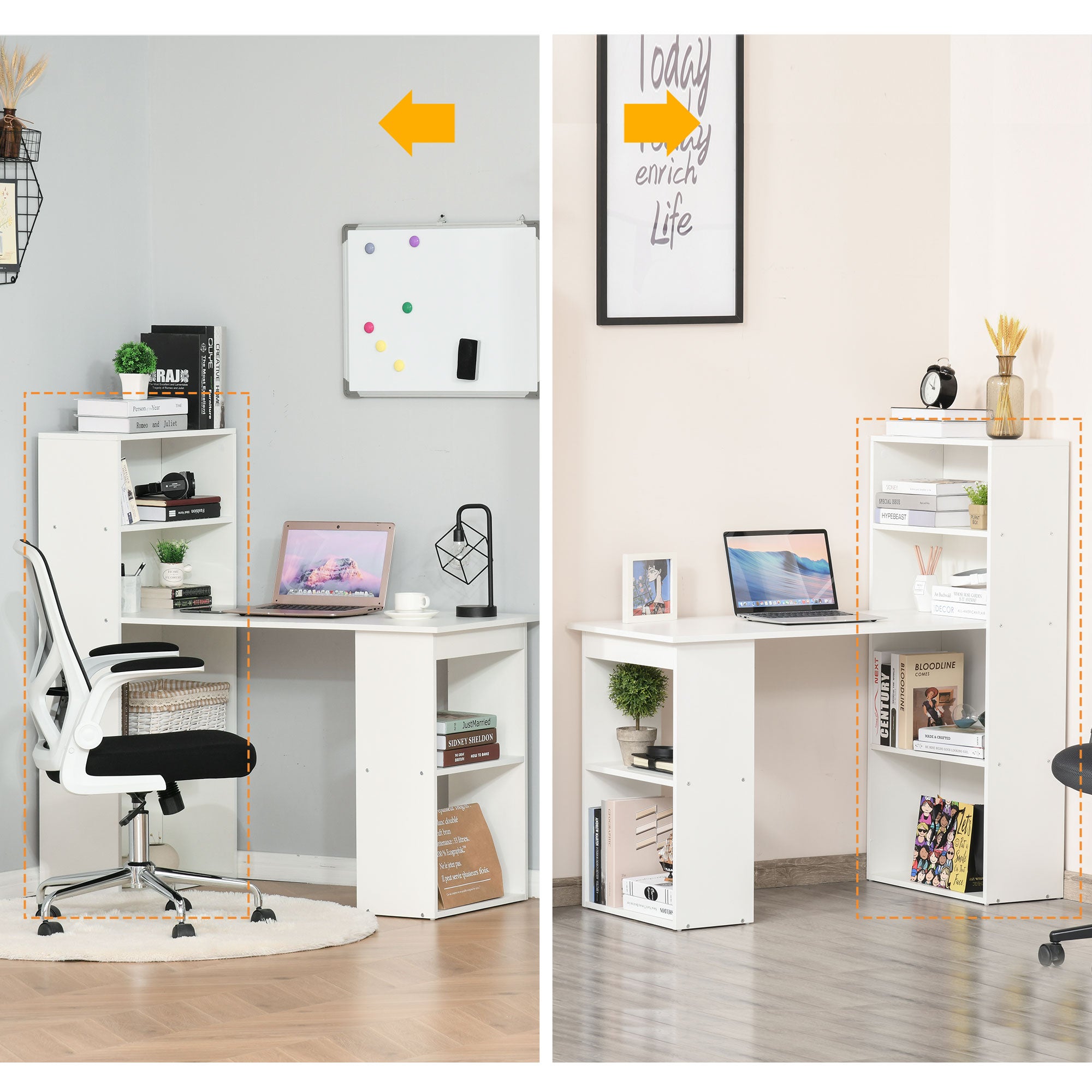 Computer Desk with 6-Tier Storage Shelves, Writing Desk Workstation with Bookshelf for Home Office, White