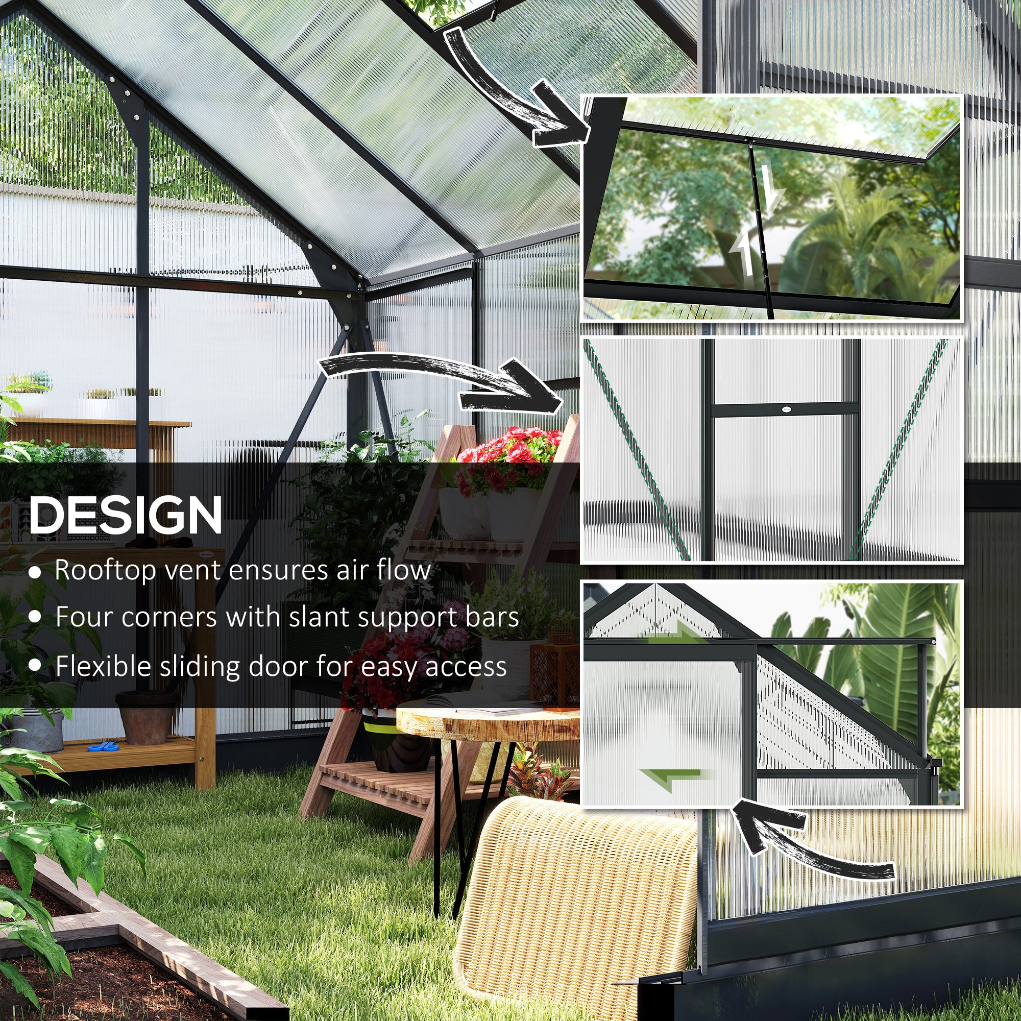 Polycarbonate Greenhouse, Heavy Duty Outdoor Aluminum Walk-in Green House Kit Vent Door, 6.2'x8.3'x6.6' Gray