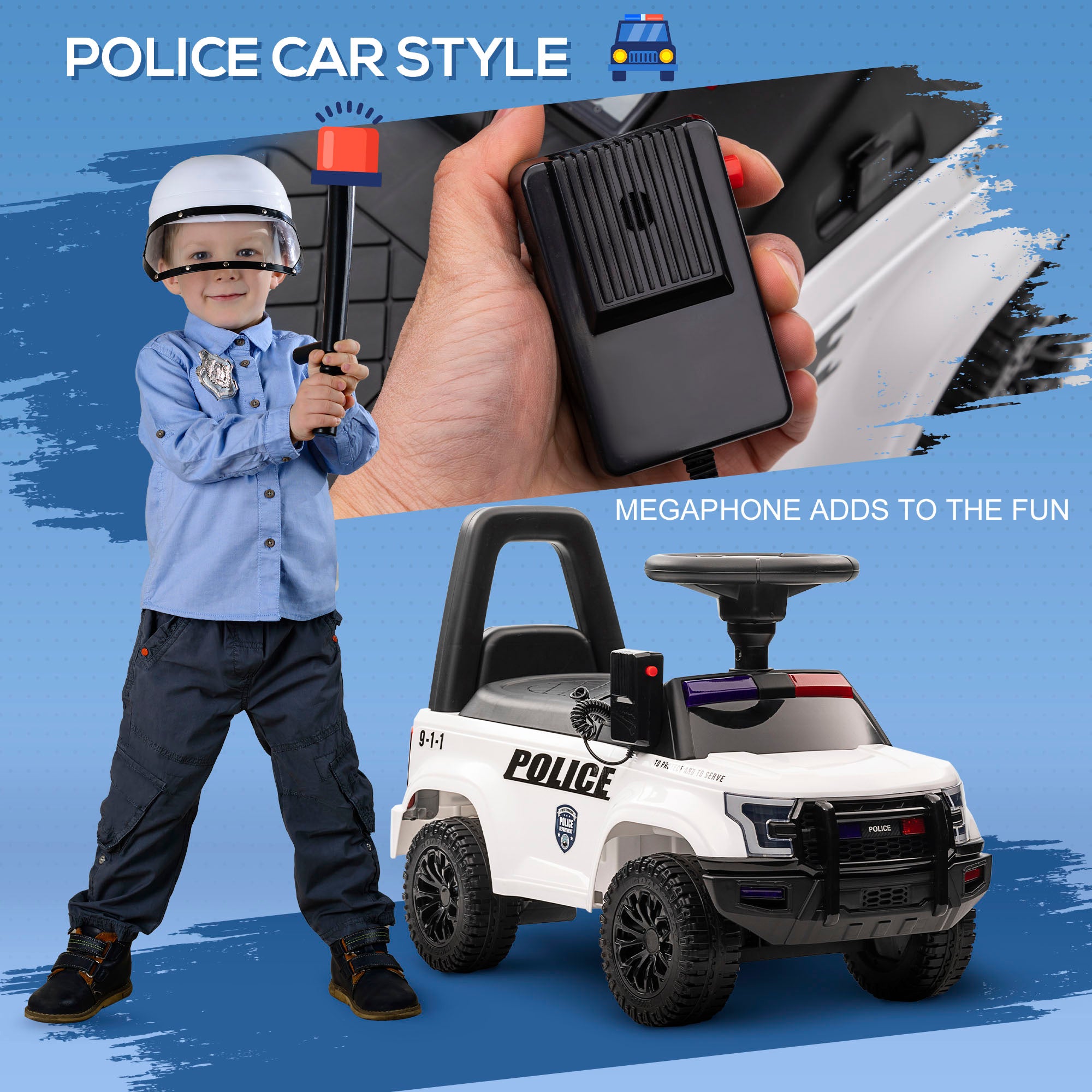 Kids Push Ride On Car with Working PA System and Horn, Police Truck Style Foot-to-Floor Sliding Car for Boys and Girls with Under-Seat Storage, for 18 Months to 5 Years Old, White